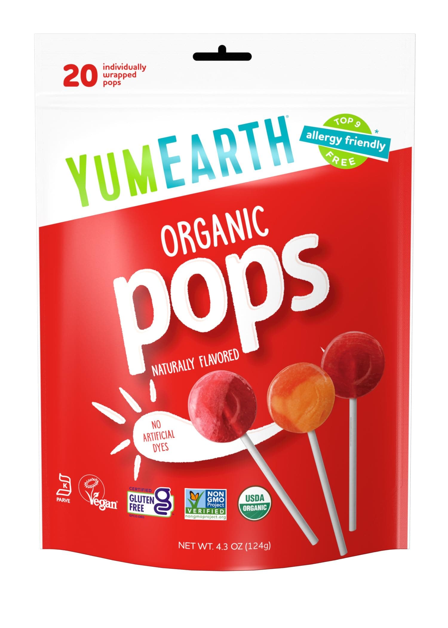 YumEarth Organic Lollipops, Assorted Flavors, 4.3 Ounce, 20 Lollipops - Allergy Friendly, Non GMO, Gluten Free, Vegan, (Packaging May Vary)