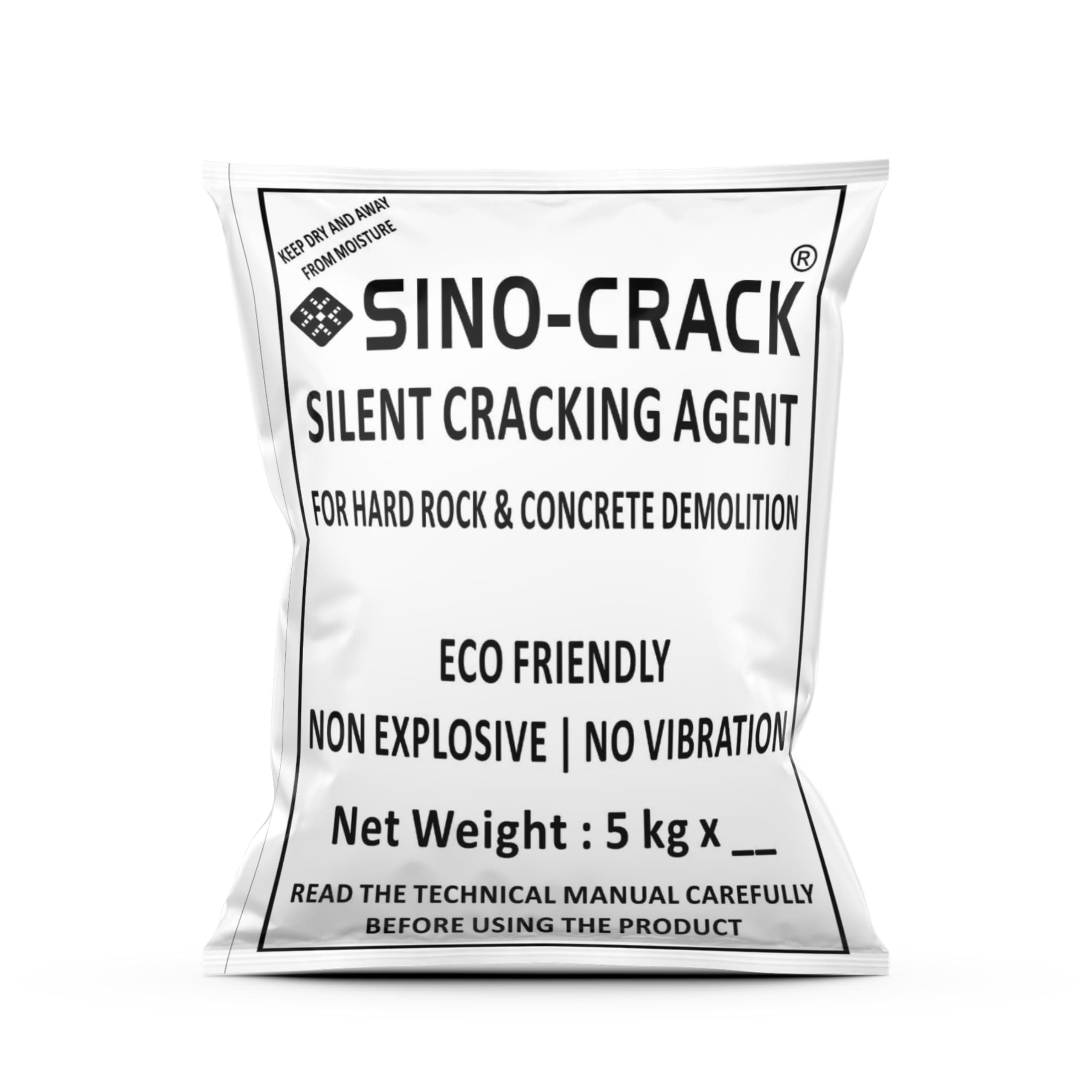 SINO CRACK, 5 KG (Stone Cracking Powder for Hard rock demolition & concrete Cutting, Non explosive demolition chemical, Soundless Expansive Mortar, No vibration, no noise)