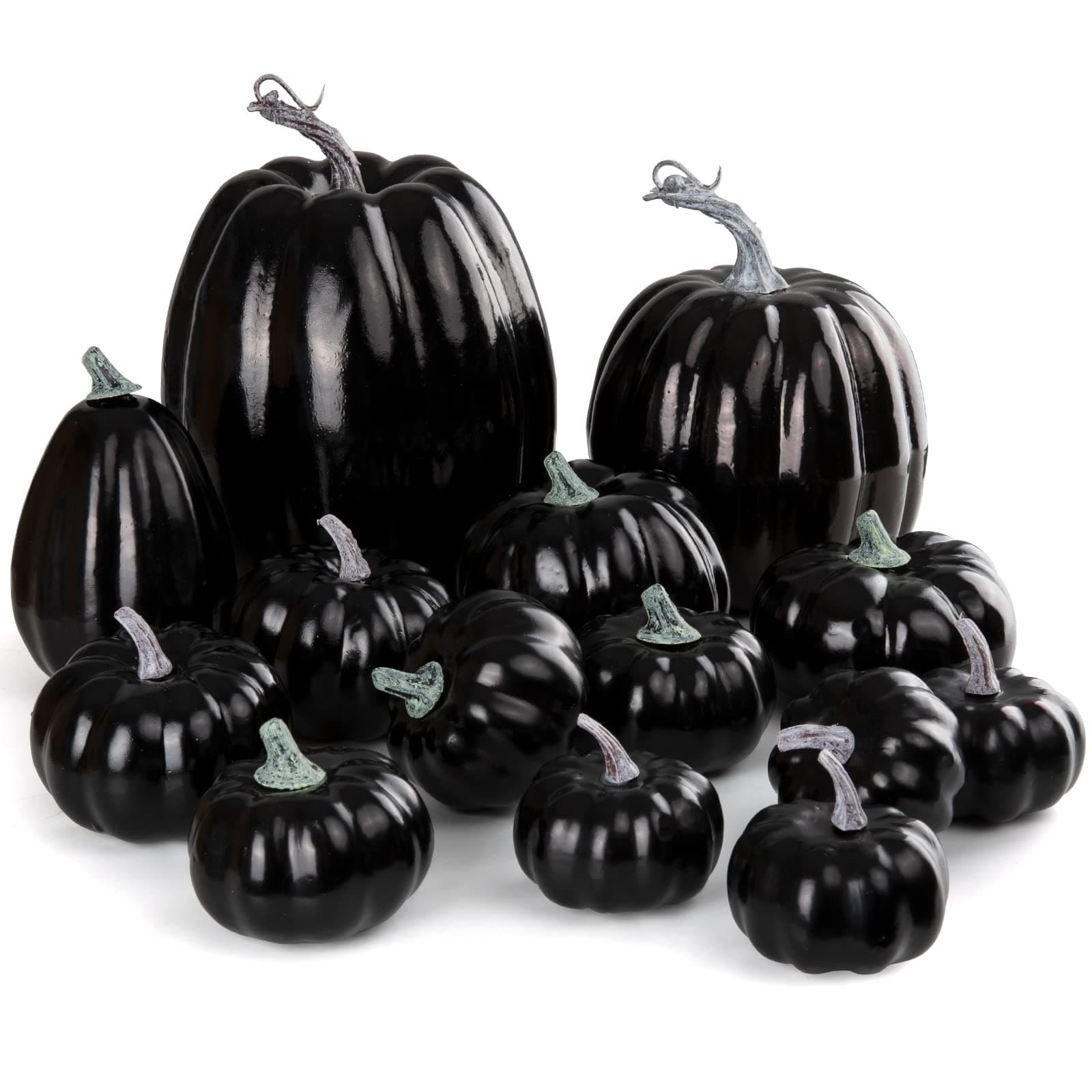 Joyhalo Fall Pumpkin Decor - 14 Pack Fake Large Pumpkins for Decorating Outside Artificial Pumpkins Harvest Faux Foam Pumpkins for Fall Autumn Halloween Thanksgiving Porch Tabletop Decor, Black