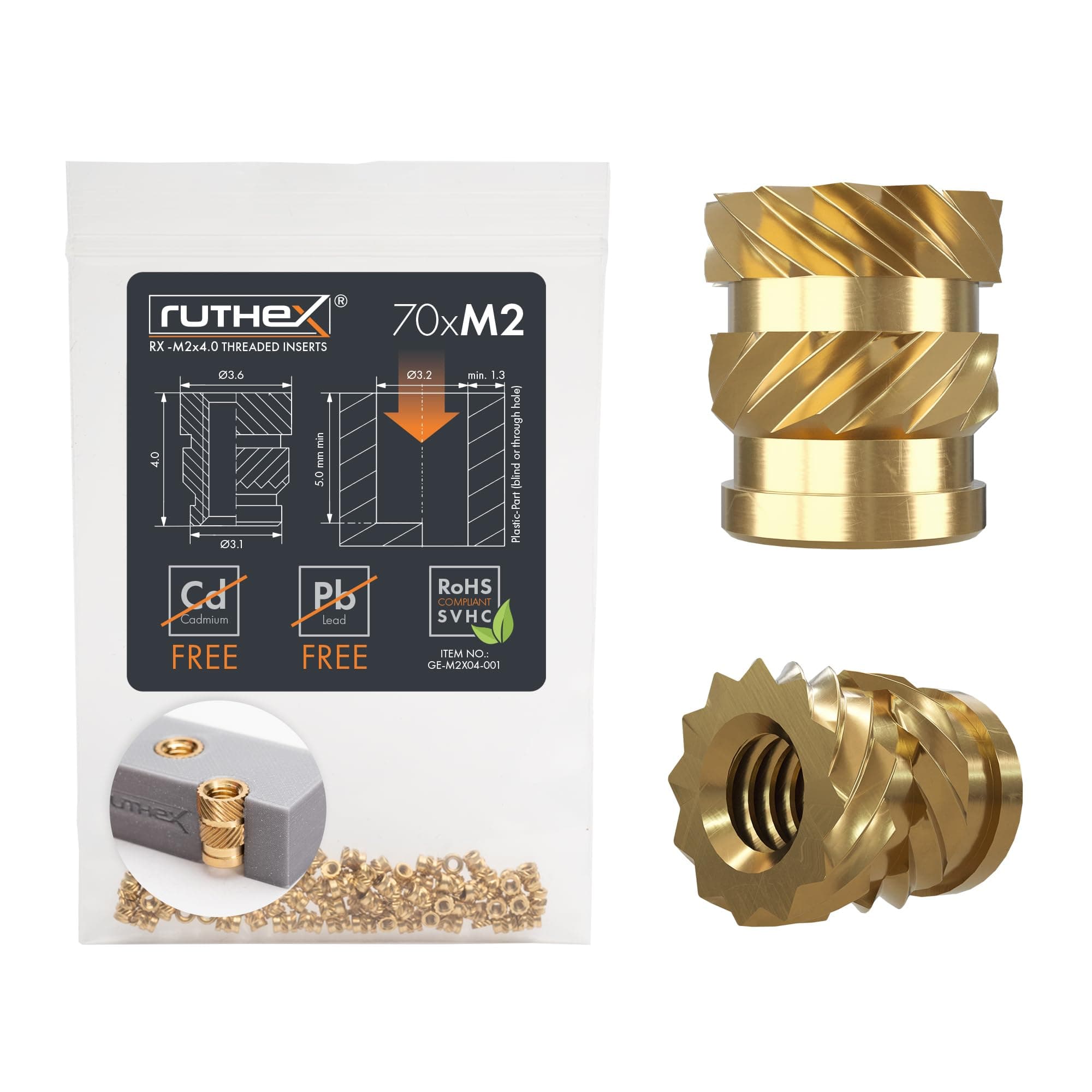 ruthex M2 Threaded Inserts - 70 Pieces RX-M2x4 Brass Heat Set Insert for Plastic Parts - Metric knurled Nuts - Insert by Heat into 3D Printing Components