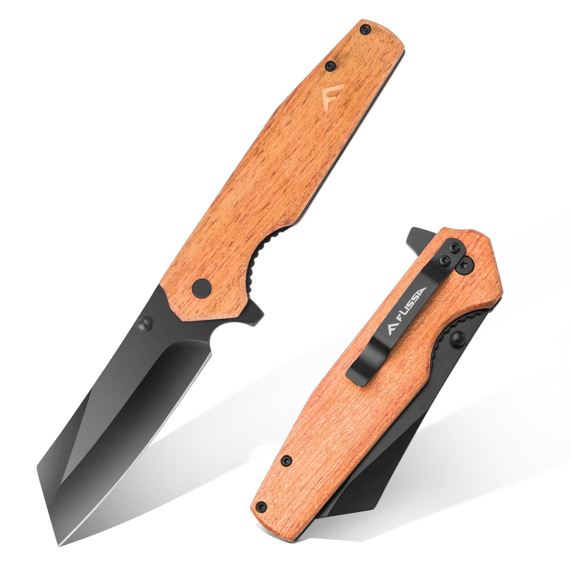 FLISSA Folding Knife, 4-3/4" Reverse Tanto Folding Pocket Knife, Black Stonewash Blade, Wood Handle, for Hunting, Survival, Camping and Outdoor Activities, Great Gifts for Dad, Husband, Friend