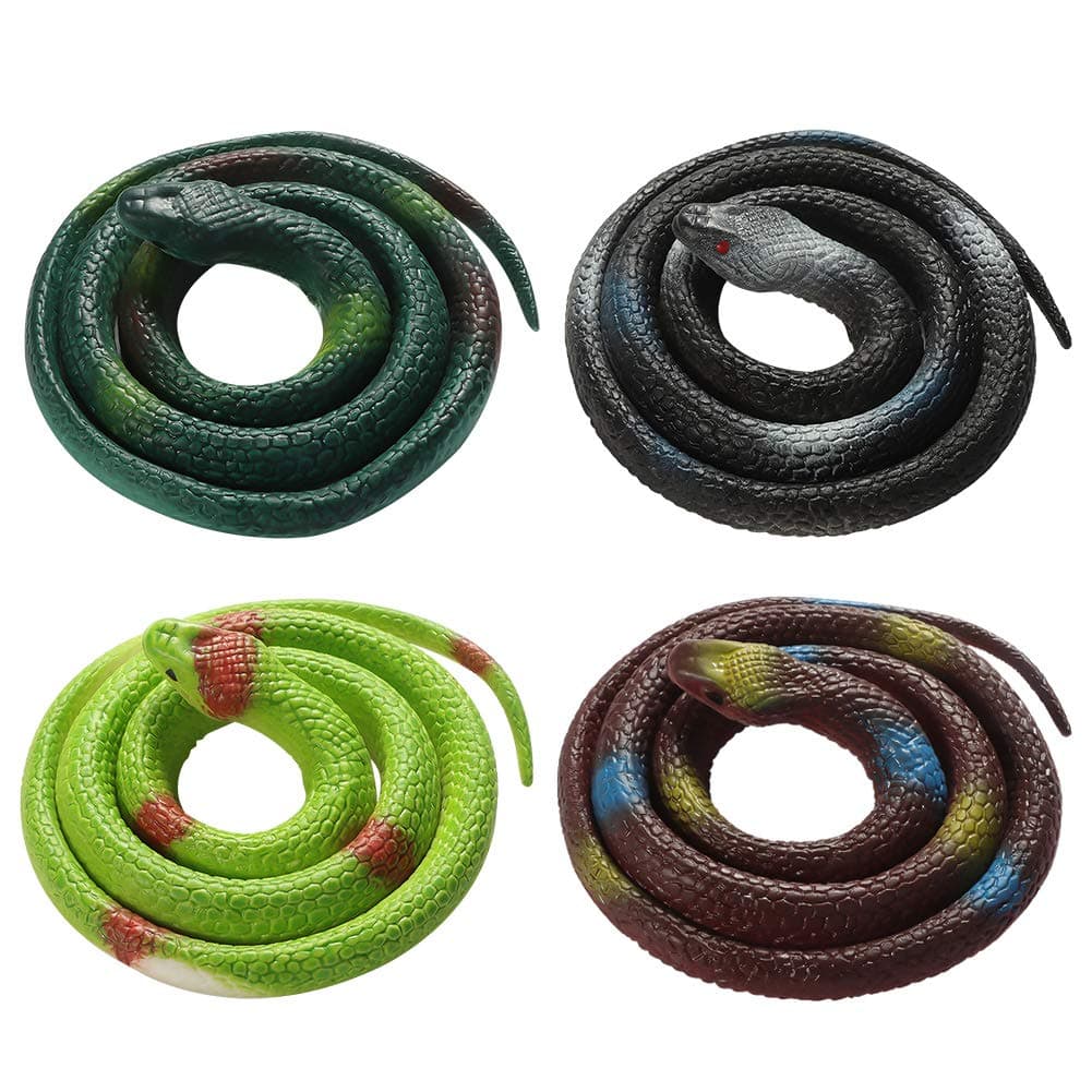 4-Piece Toy Snakes, 30-Inch Rubber Fake Snakes for April Fool’s Day, Boys’ Favorite, Pool Party, Bathtub Floater