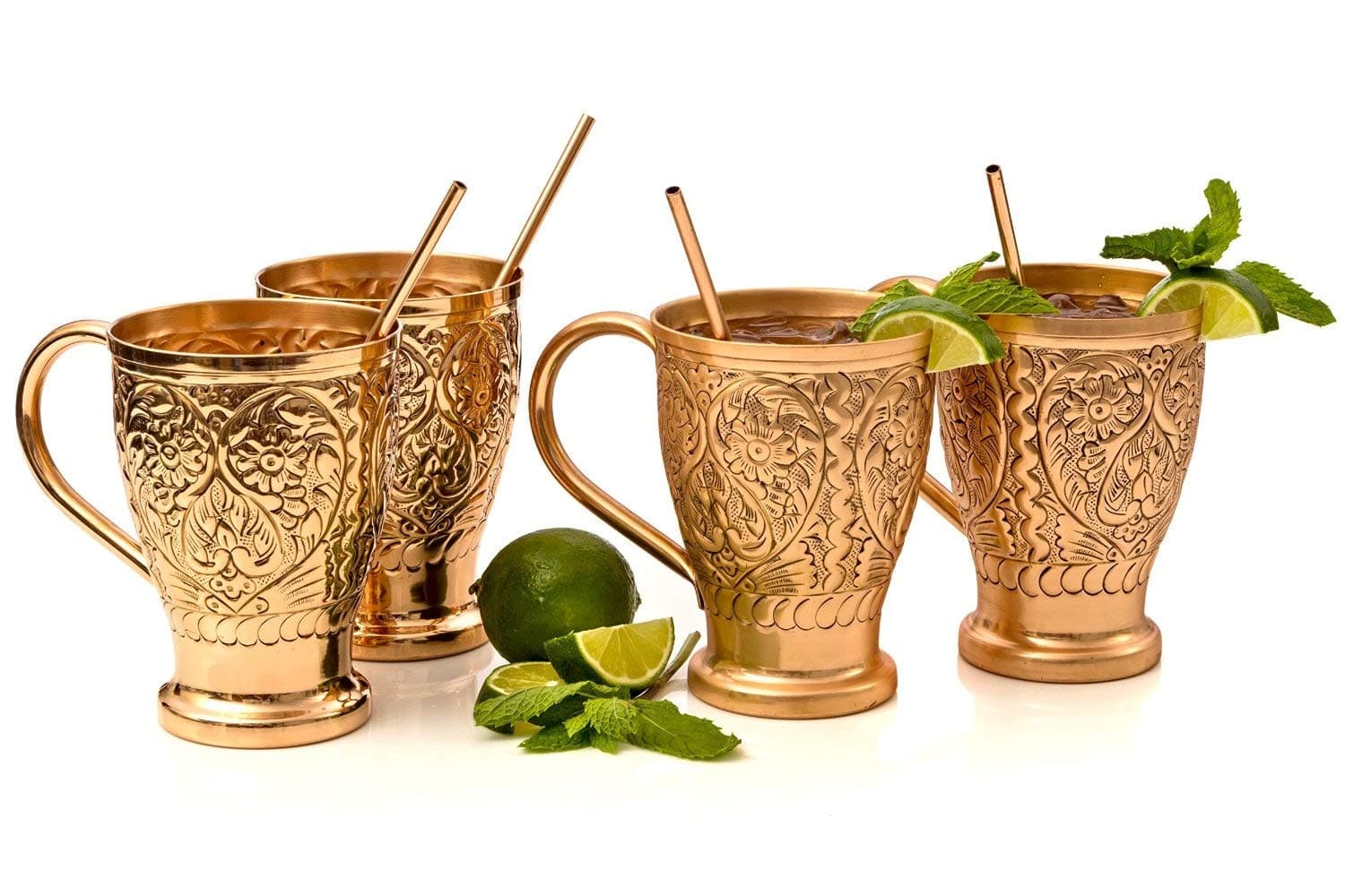 Moscow Mule Pure Copper Mugs - Embossed Set with 4 Matching Shot Glasses - Copper Straws for Cocktails & Recipe E-book Exclusive set of 4