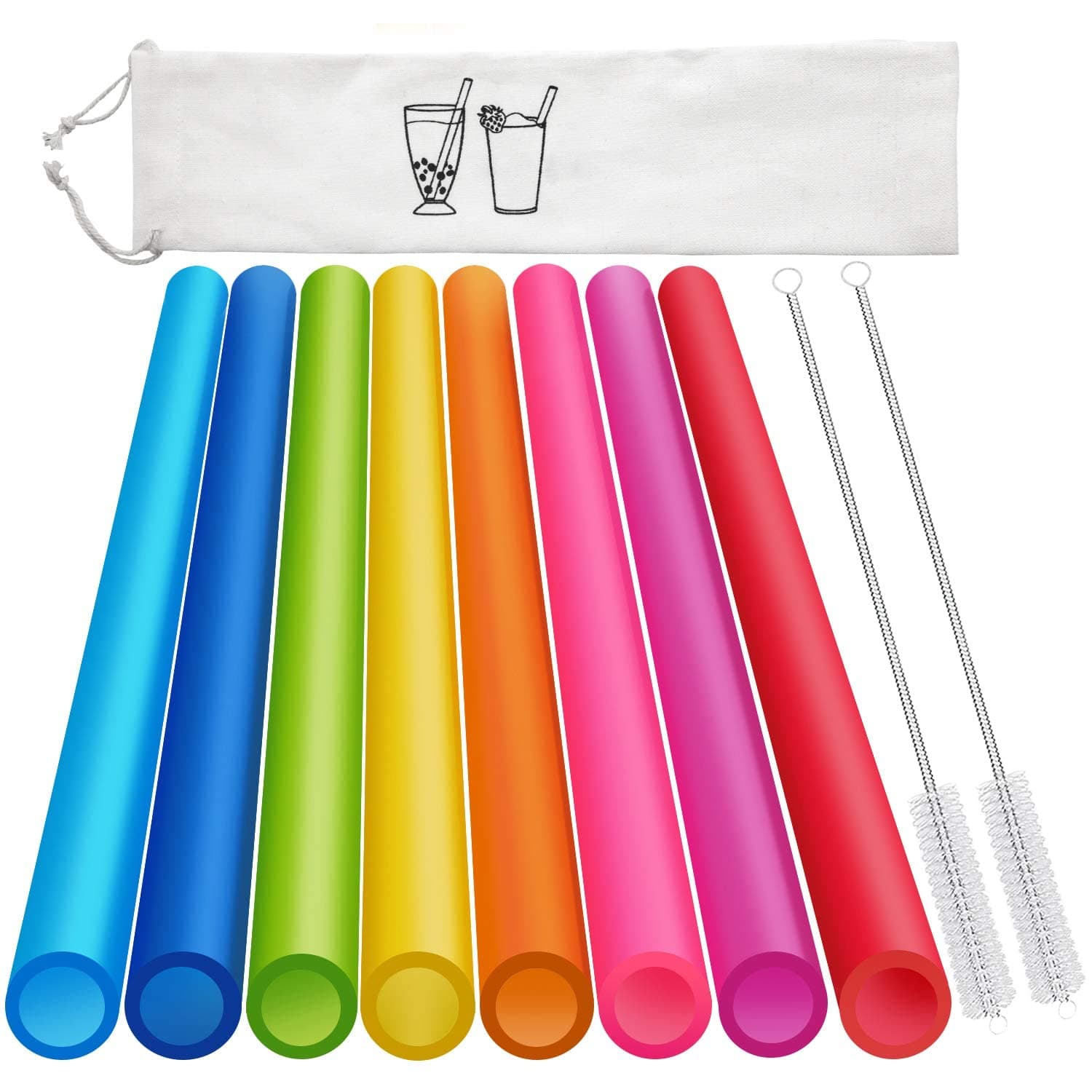 8 Pcs Extra Wide Reusable Smoothie Straws & Boba Straws with 1 Bag & 2 Brushes - Multicolor Big Jumbo Straws, BPA Free Large Plastic Straws for Smoothies, Bubble Tea(Tapioca, Boba Pearls), Milkshakes