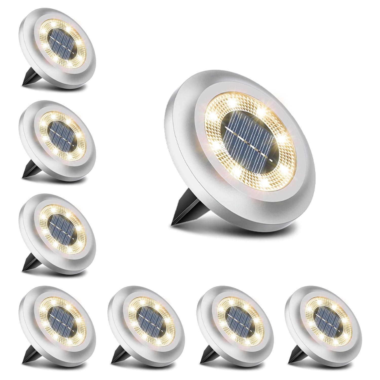 Solar Lights Outdoor Garden,600mAh 8 LED Solar Disk Ground Lights for Garden Lawn Pathway Yard Landscape Walkway(8 Pack Warm White)