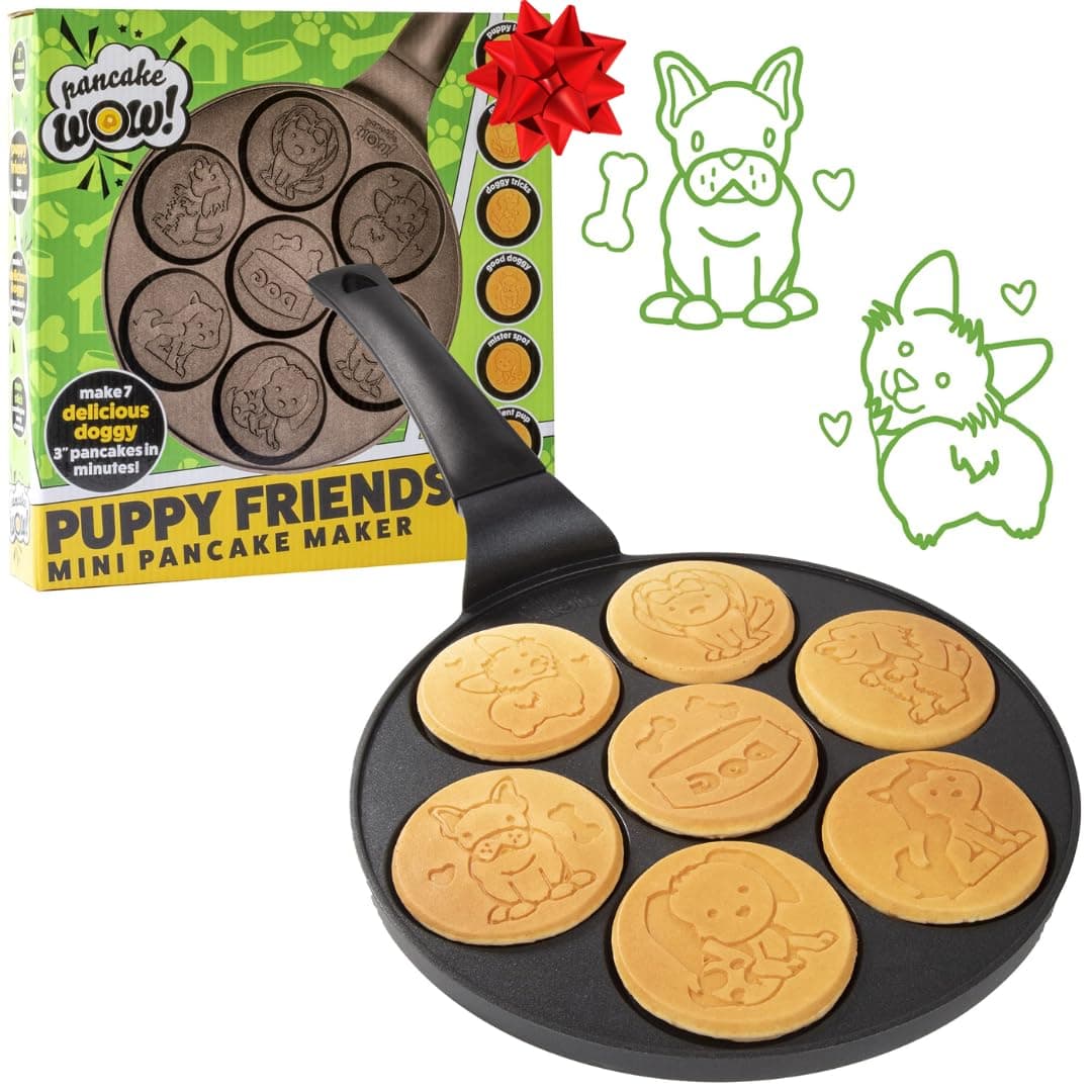 Puppy Friends Mini Pancake Pan - Make 7 Unique Flapjacks - Nonstick Griddle for Breakfast Pup Animal Fun & Easy Cleanup - Fun Dog Related Gift for Kids & Adults, Boys or Girls