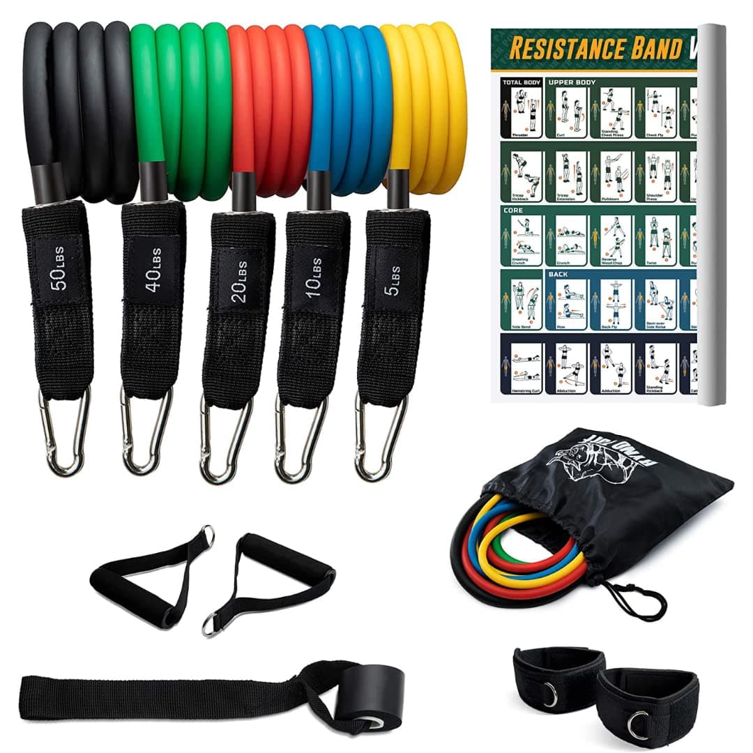 12 Pc Resistance Bands Set - 5 Workout Bands, Cushioned Ankle Straps, Padded Handles, Door Anchor & Waterproof Gym Bag - Home Exercise, Strength Training, Physical Therapy, Yoga Fitness Gear