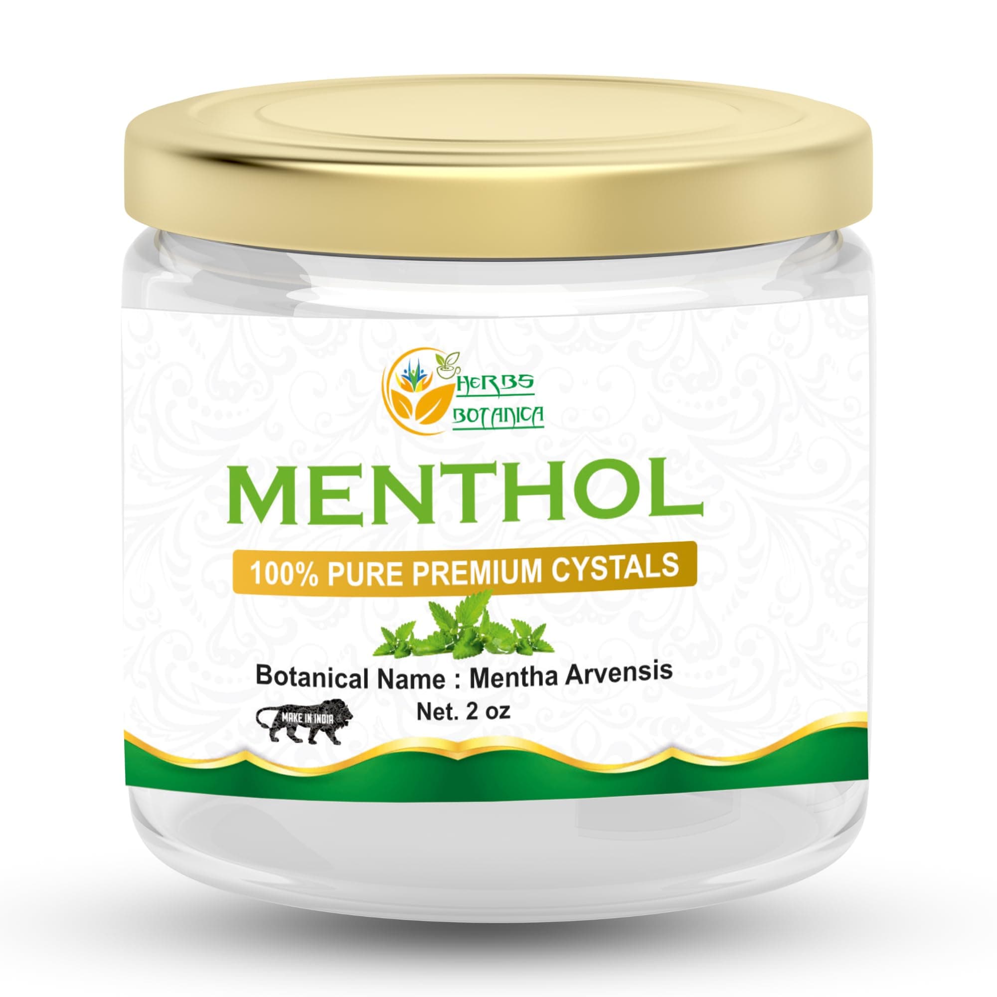 Herbs Botanica Menthol Crystals Mentha 57 GMS Arvensis Aromatherapy Congestion Blocked Nose Relief Cold Flu 100% Pure USP Food Grade Great for Cosmetics, Salves, Balms, Creams and Soap Making 2 oz