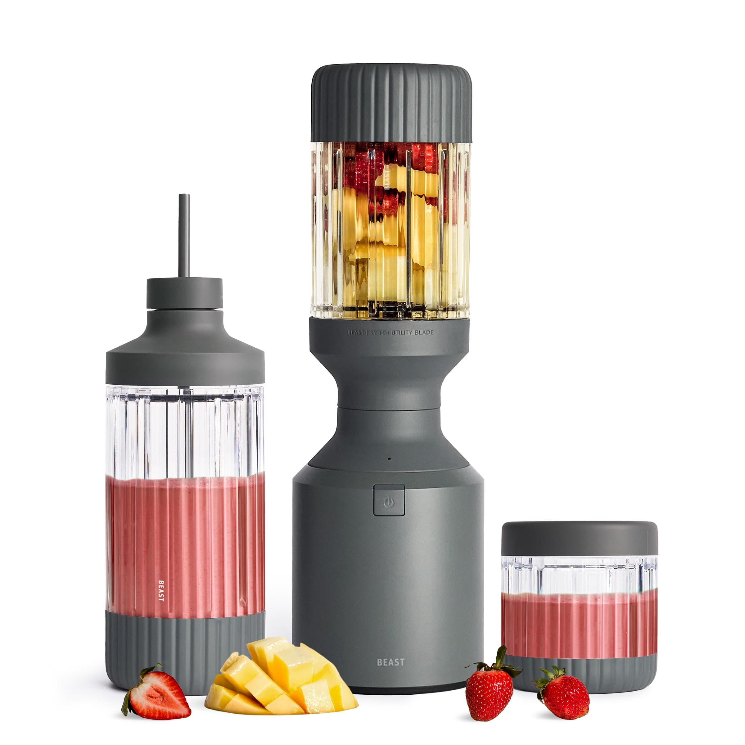 Beast Mega 1200 Plus | Premium Countertop Blender | Smoothies, Shakes, Sauces, Dips, Soups | Blends Ice and Frozen Fruit | XL Vessel | With Extra Vessels, Straw System | (Charcoal, 120V)