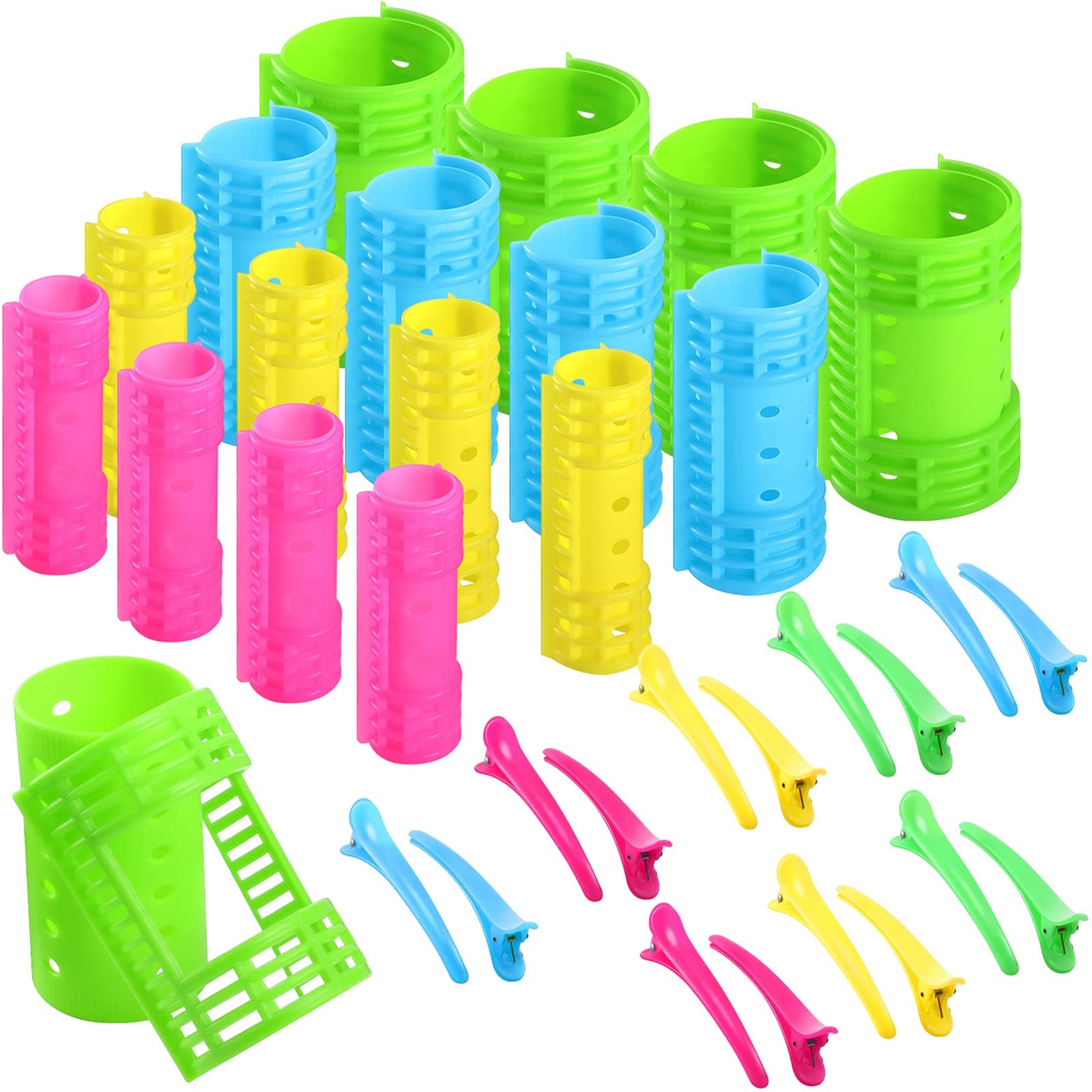 65 Pieces Magnetic Hair Rollers Set Plastic Rollers Curlers with Clips 4 Sizes for Long Medium Short Hair, Duck Clips Hairnet Hairdressing Styling Tool(Colorful)