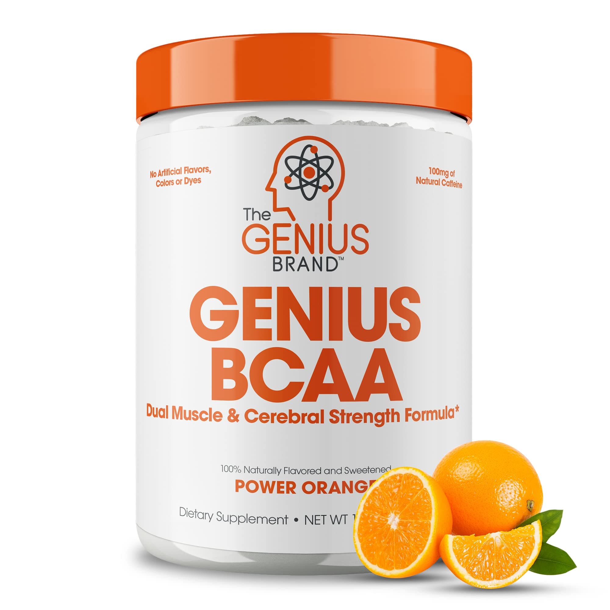 Genius BCAA Powder - 5g Vegan BCAAs L-Glutamine, Cognizin & Rhodiola Muscle Recovery Energy Support 100mg Caffeine Pre, Intra, Post-Workout Nootropic Supplement for Focus & Performance - Orange