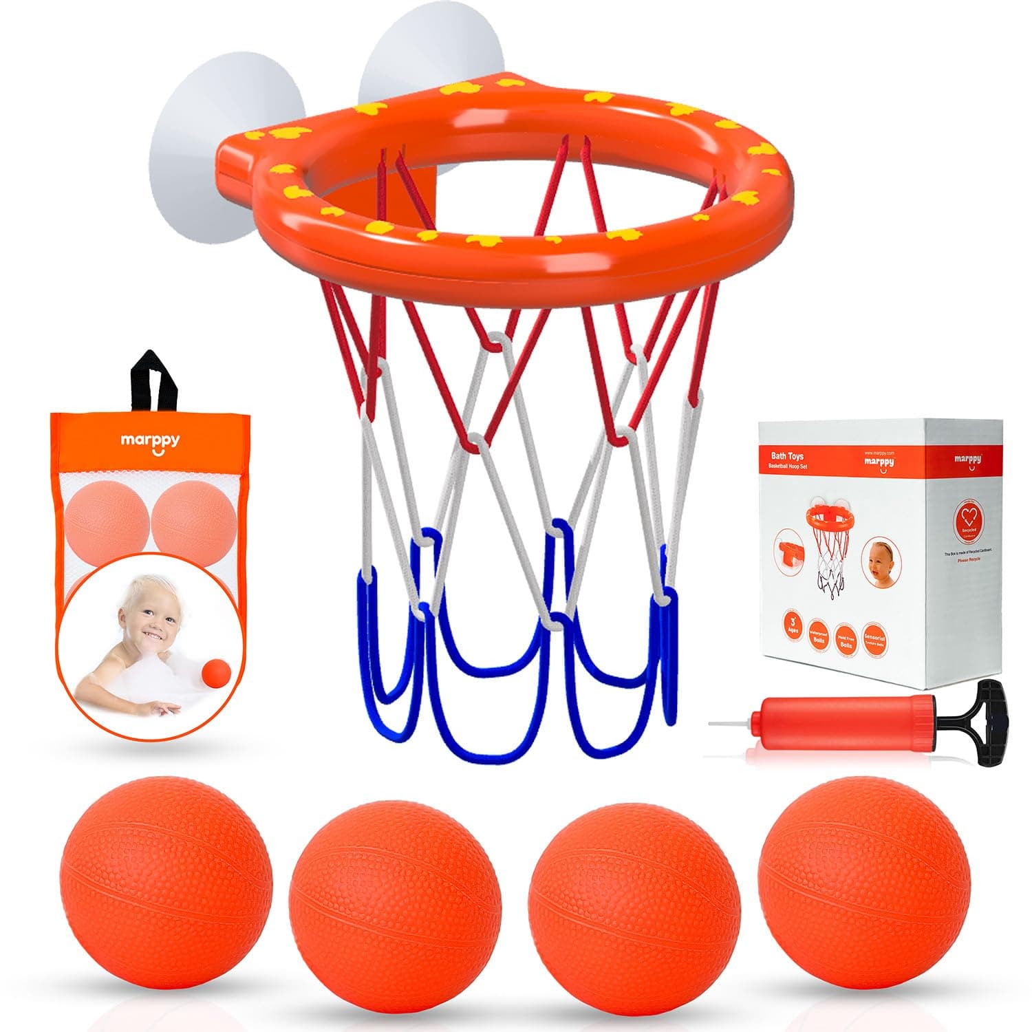Bath Toys – Bathtub Basketball Hoop for Toddlers, Kids, Boys and Girls | 4 No-Hole Balls & Strong Suction Cups | Fun Basketball Bath Toy for Toddlers