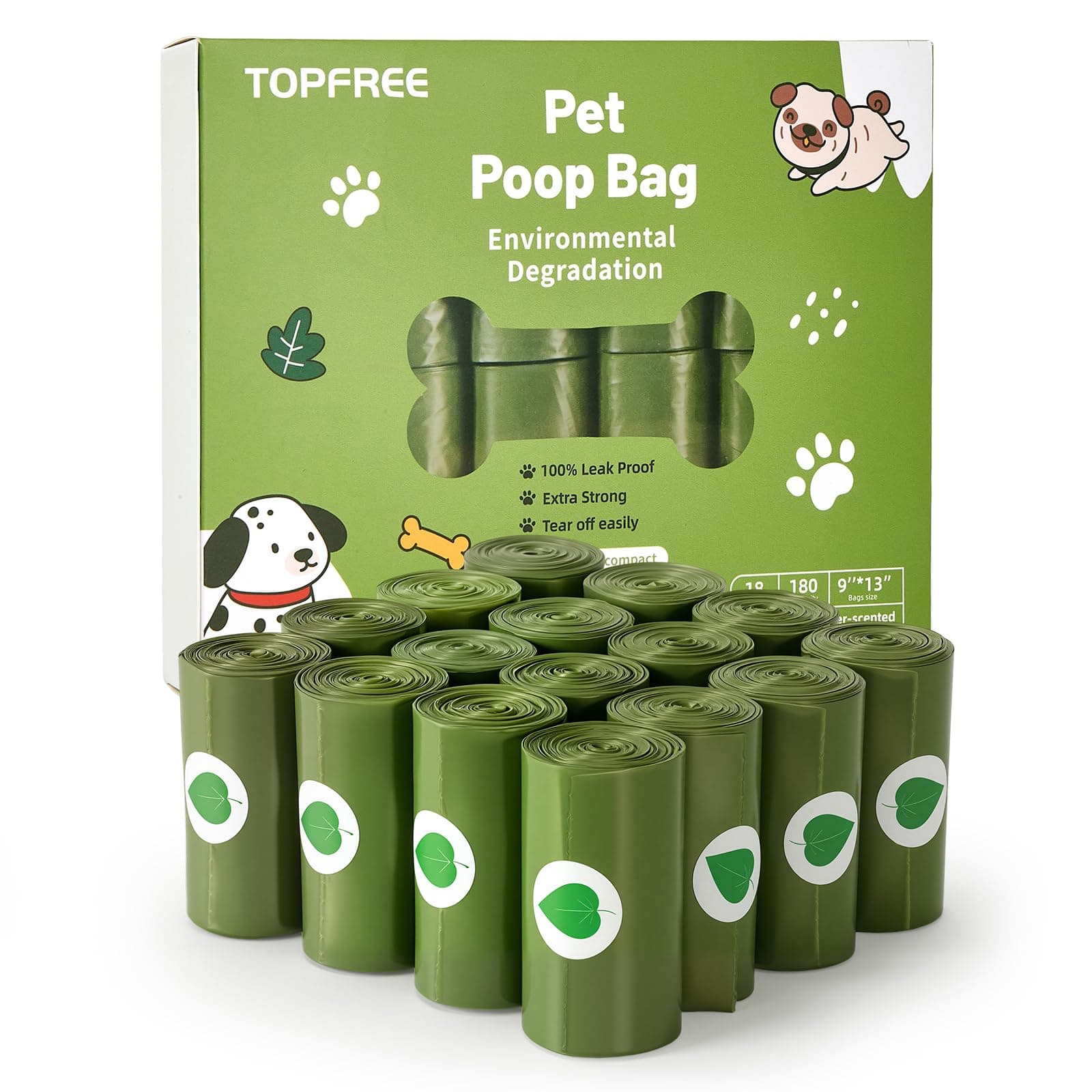 Poo Bags for Dog Waste, 12 Rolls 180 Dog Poop Bags, Super Strong 100% Leak Proof Dog Poo Bags (Green)