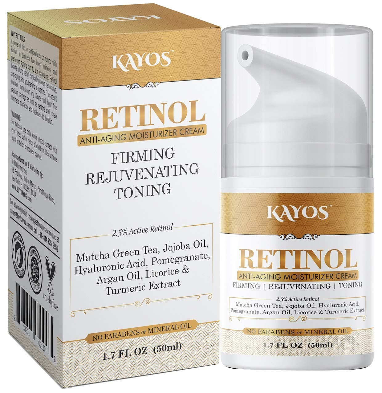 Kayos Retinol Anti Aging Moisturizer Face & Eye Cream with Hyaluronic Acid for Wrinkles, Fine Lines & Dark Circles – Paraben & Mineral Oil Free – 50mL