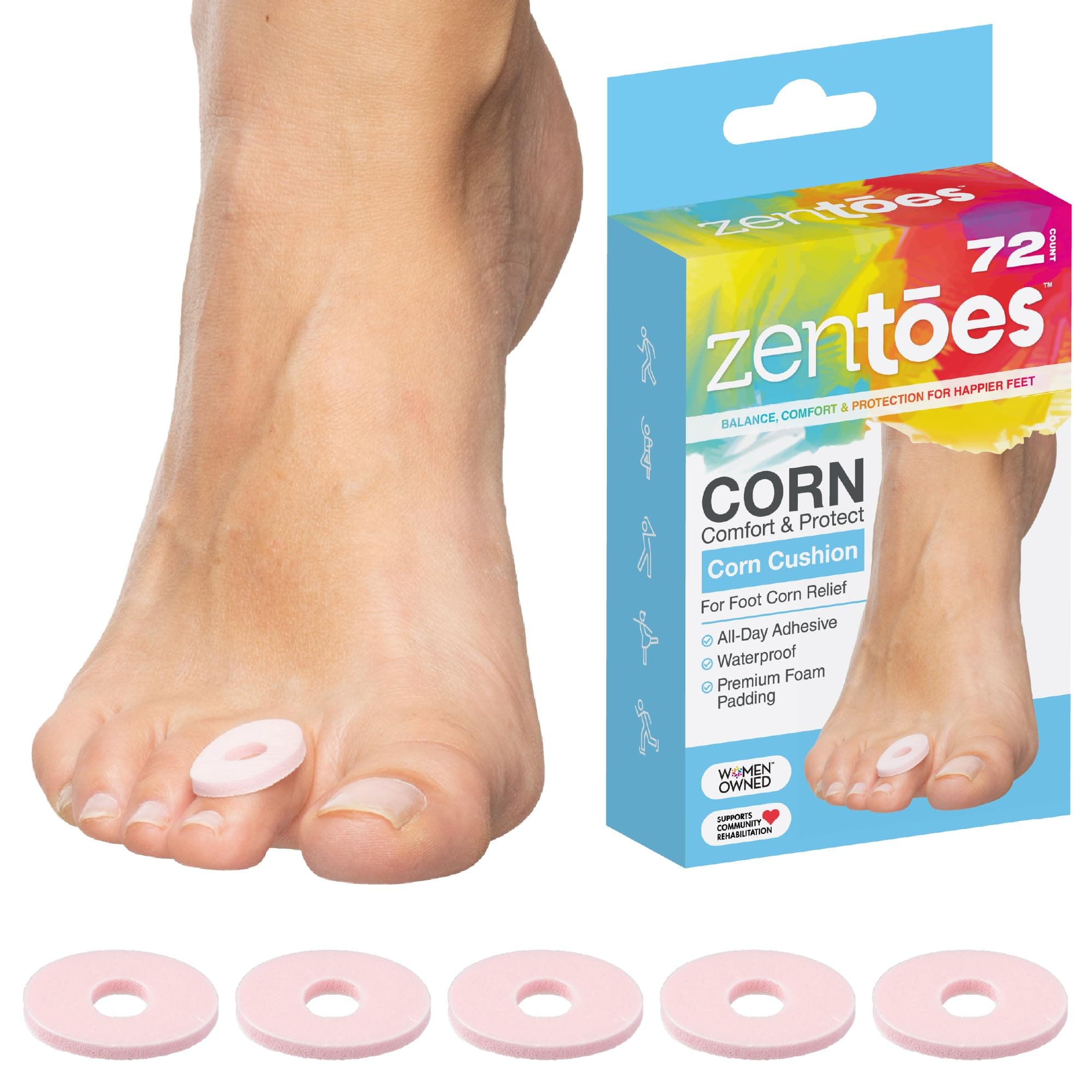 ZenToesThick Corn Cushions Toe Pads - Hypoallergenic and Waterproof (72 Count)