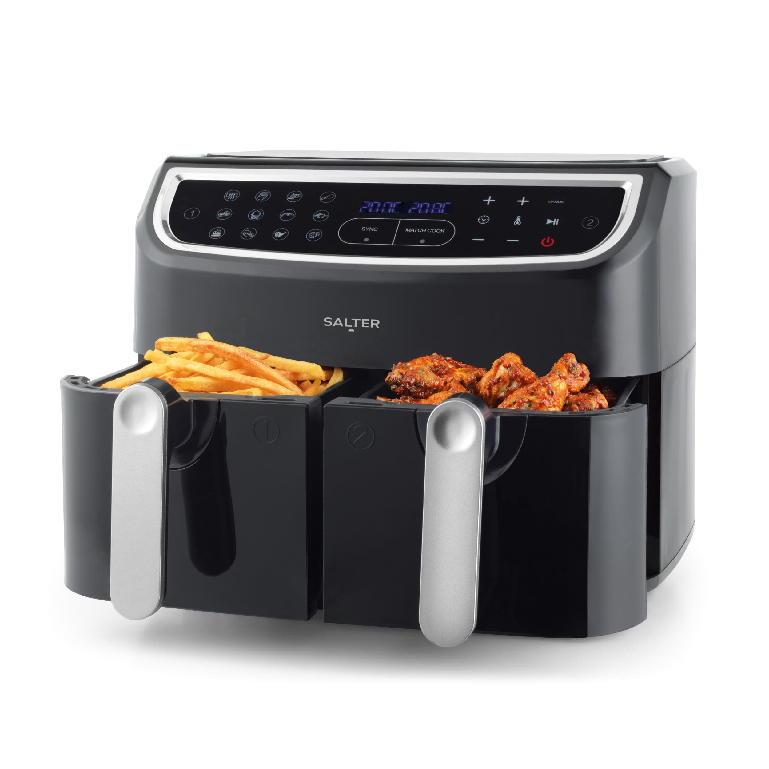 EK4548 Dual Air Fryer - Double Drawer, 2 XL Non-Stick Cooking Trays, Sync & Match Cook Function, Independent Cooking, 8.2L, Sensor Touch Display, 12 Presets, Oil Free, 2200W-2600W, Black/Silver