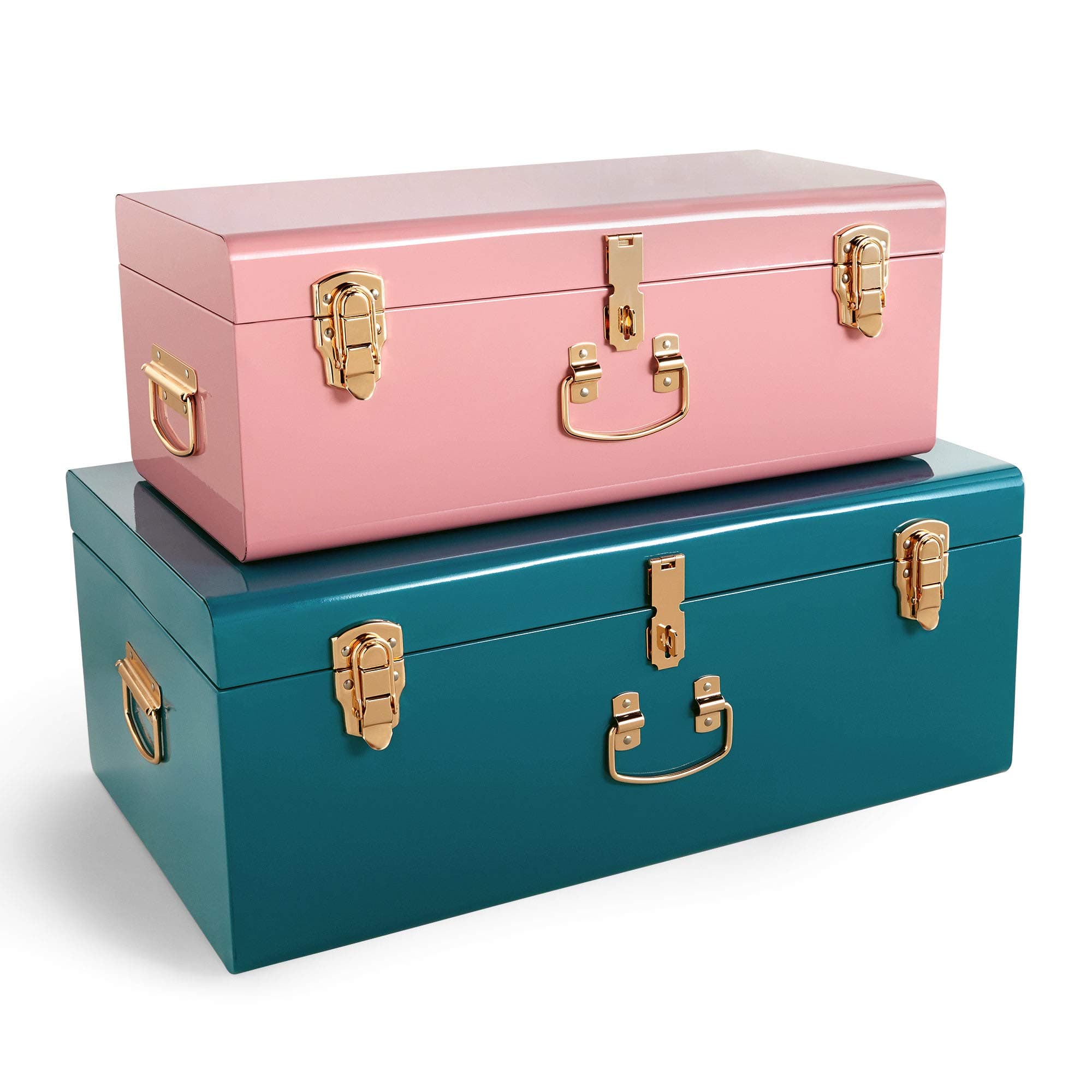 Beautify Storage Trunks, Set of 2 Pink & Teal Stainless Steel Storage Chests w/Gold Detailing, Stackable Bedroom Chest Organiser w/Lockable Lids, Sturdy Multi-Purpose Bedding, Blanket & Toy Box