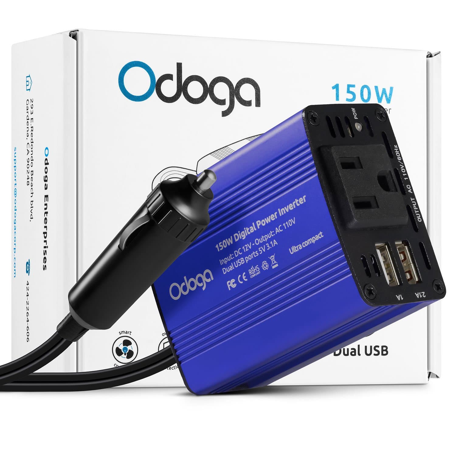 Odoga 150W Car Power Inverter DC 12V to 110V AC Car Adapter ~ Dual USB Ports ~ Charge Your Electronics On The Go