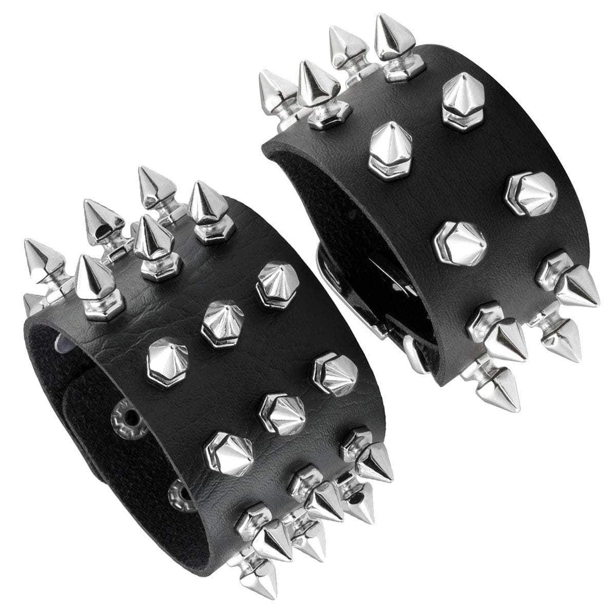EigsoBlack Leather Bracelet Punk Spike Rivet Cuff Bangle Metal Studded Halloween Wristband for Women and Men