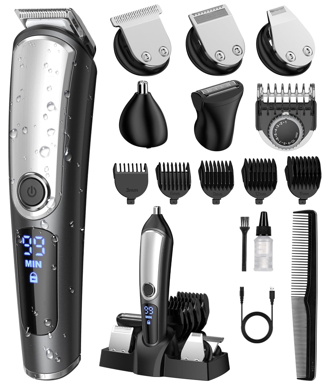 Beard Trimmer for Men, Electric Razor Shavers for Men, Cordless Rechargeable Waterproof Grooming Kit for Shaving Face, Mustache Nose Body Hair Trimmer Clipper, LED Display, Gifts for Him