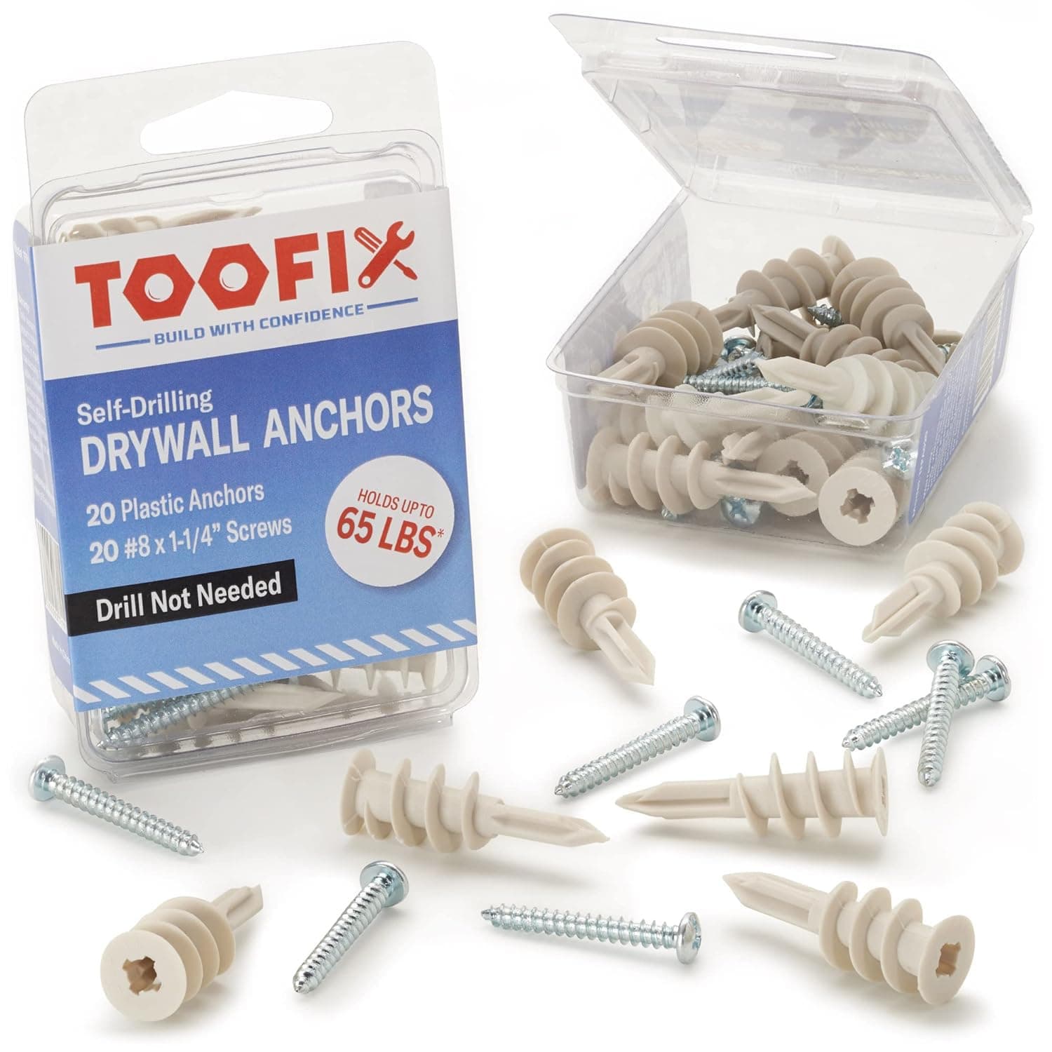 Toofix Self Drilling Drywall Plastic Anchors with Screws Kit (20 Pack)