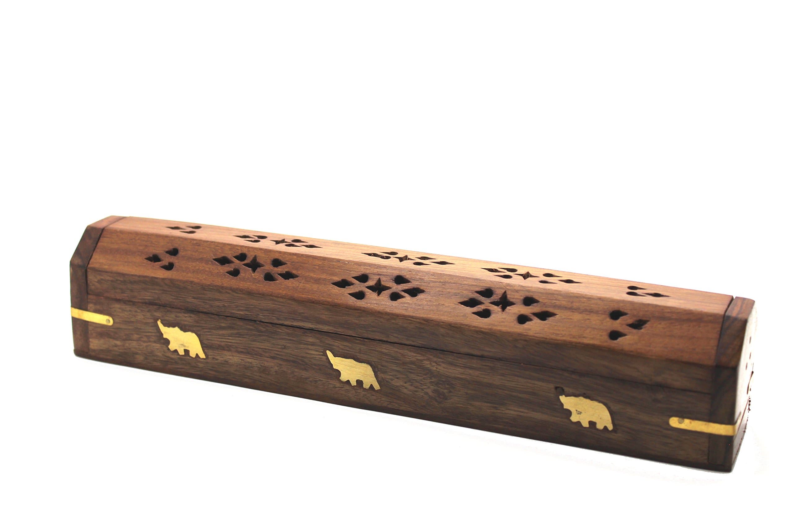 Govinda® Wooden Coffin Incense Burner - 12" Elephant - Brass Inlays - Storage Compartment
