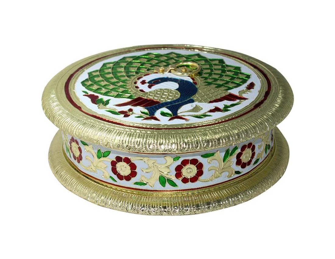 EtsiBitsi Aluminium Dry Fruit Box, Serving Tray, Decorative Platter, Beautiful Snack Box with Unique Meenakari Peacock Design from (TM) EB_Figur_049, Multicolor
