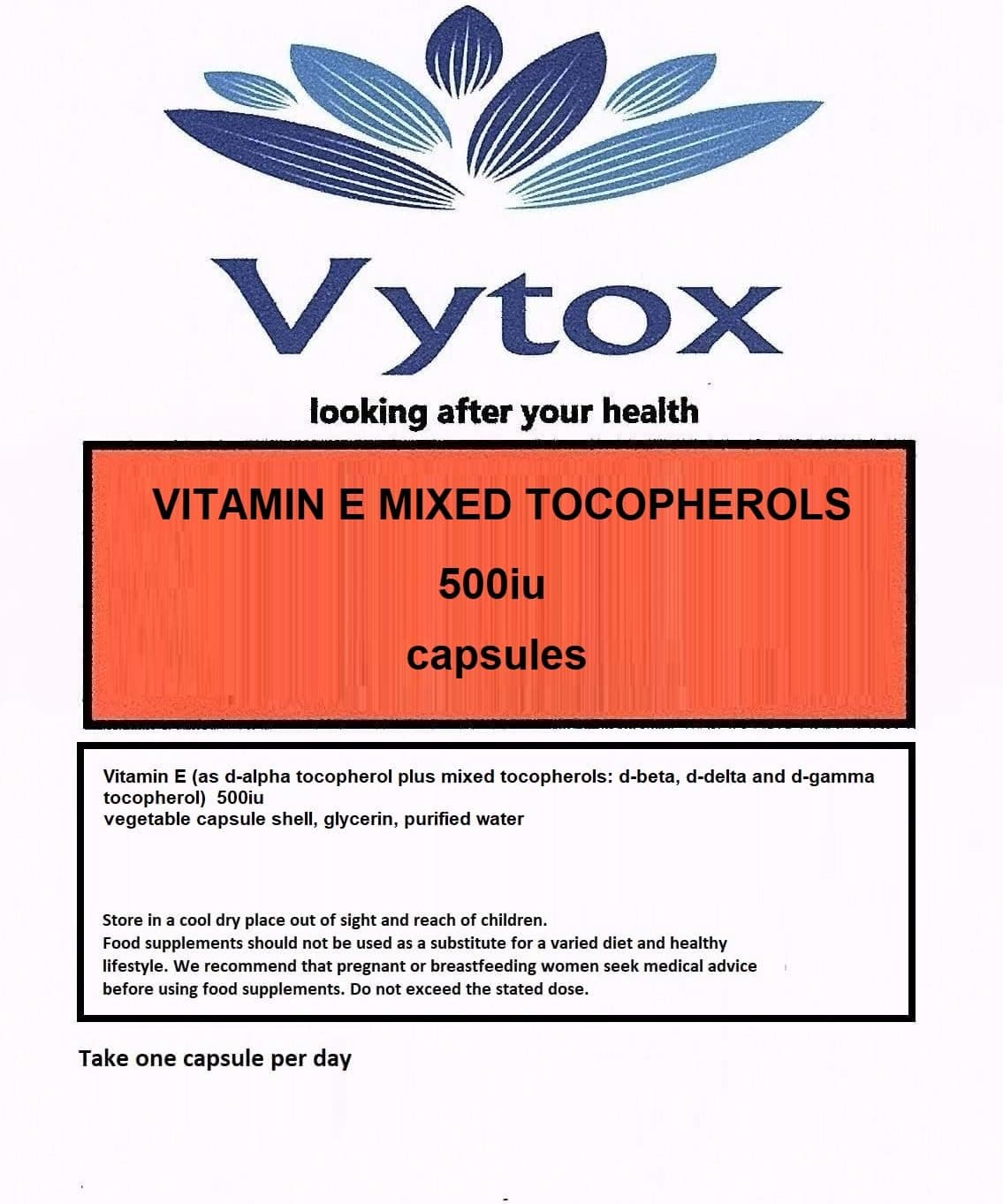 Natural Vitamin E Mixed Tocopherols (500iu) 60 Capsules, 2 Months Supply, by vytox, Vegetarian