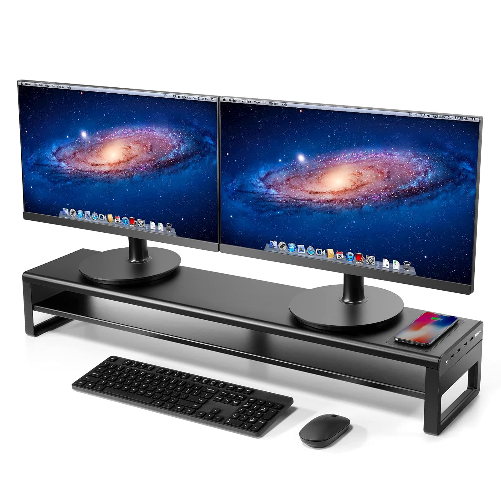 2 Tiers Dual Monitor Stand Aluminum Monitor Riser with Wireless Charging and 4 USB 3.0 Hub Ports Metal Strong&Sturdy for PC Monitor Laptop Computer TV Printer Space Saving Desk Organizer