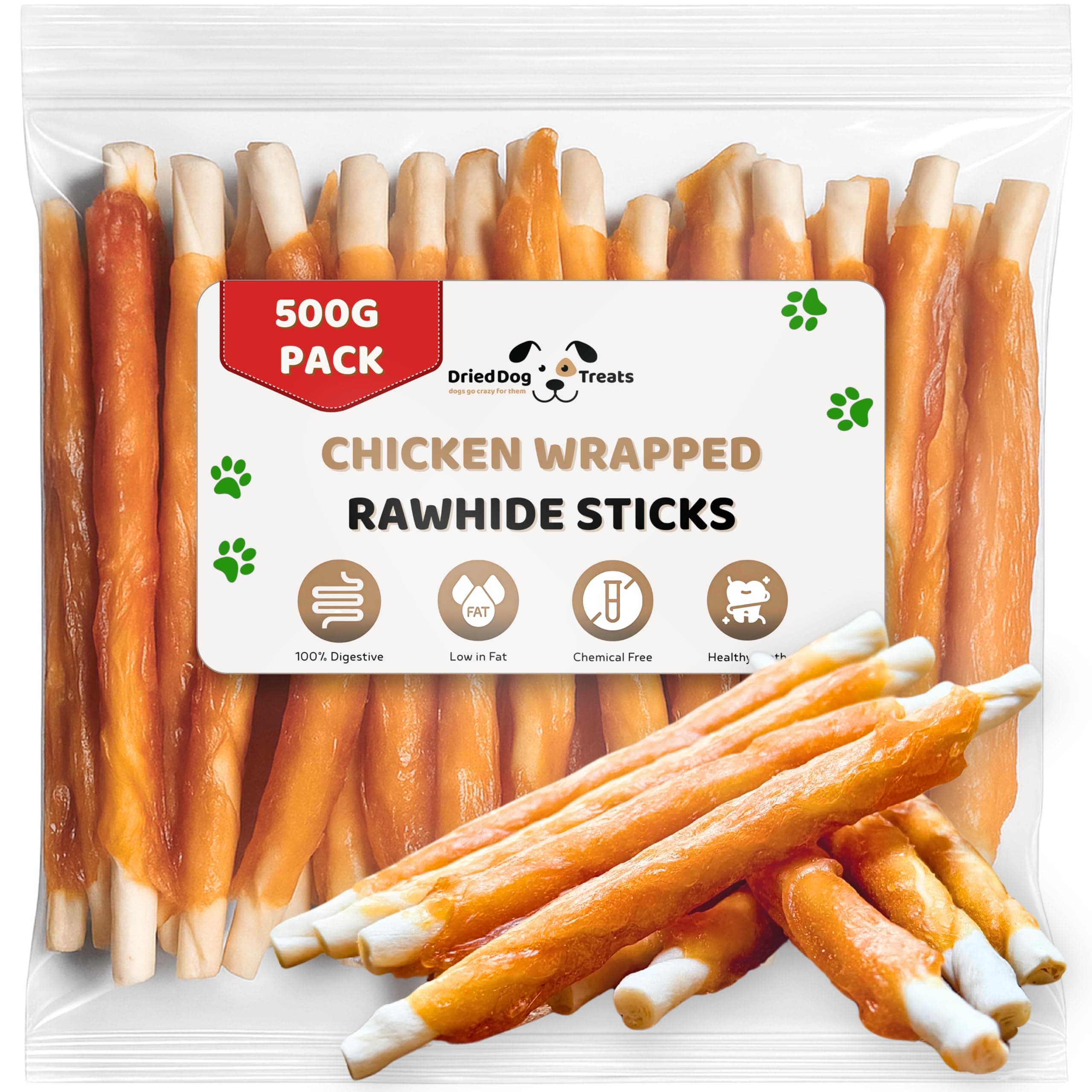 Dried Dog Treats Chicken Rawhide Chews 500g - Soft Rawhide Dog Chew - Chewy Chicken Twists Perfect as Puppy Treats - High Protein and Low Fat Sticks