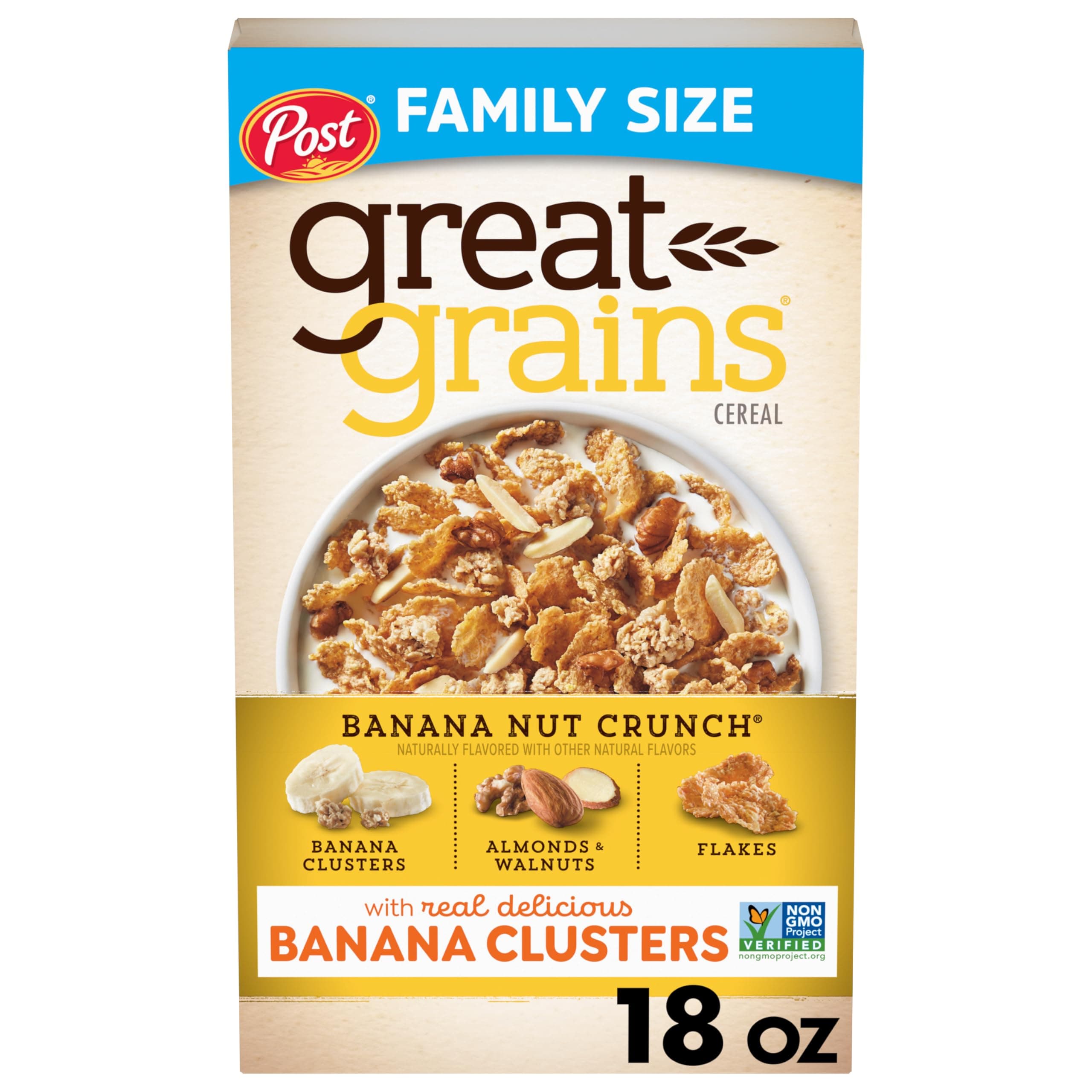 Great Grains Banana Nut Crunch Breakfast Cereal for Adults, Made with Whole Grain, Non-GMO, Heart Healthy, 18 OZ Box