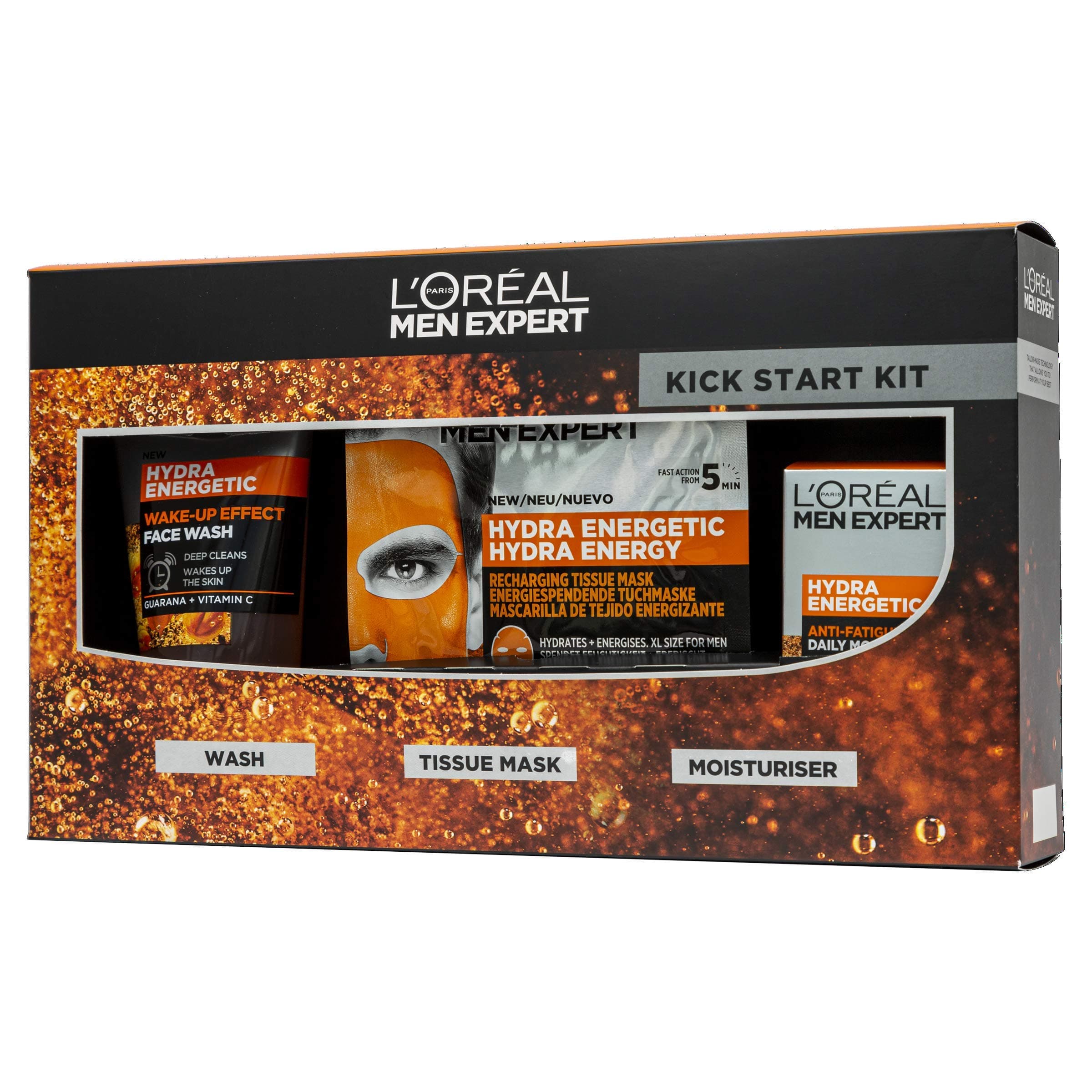 L'Oreal Men Expert Kick Start Hydra Energetc Gift Set: Wash, Tissue Face Mask & Moisturiser