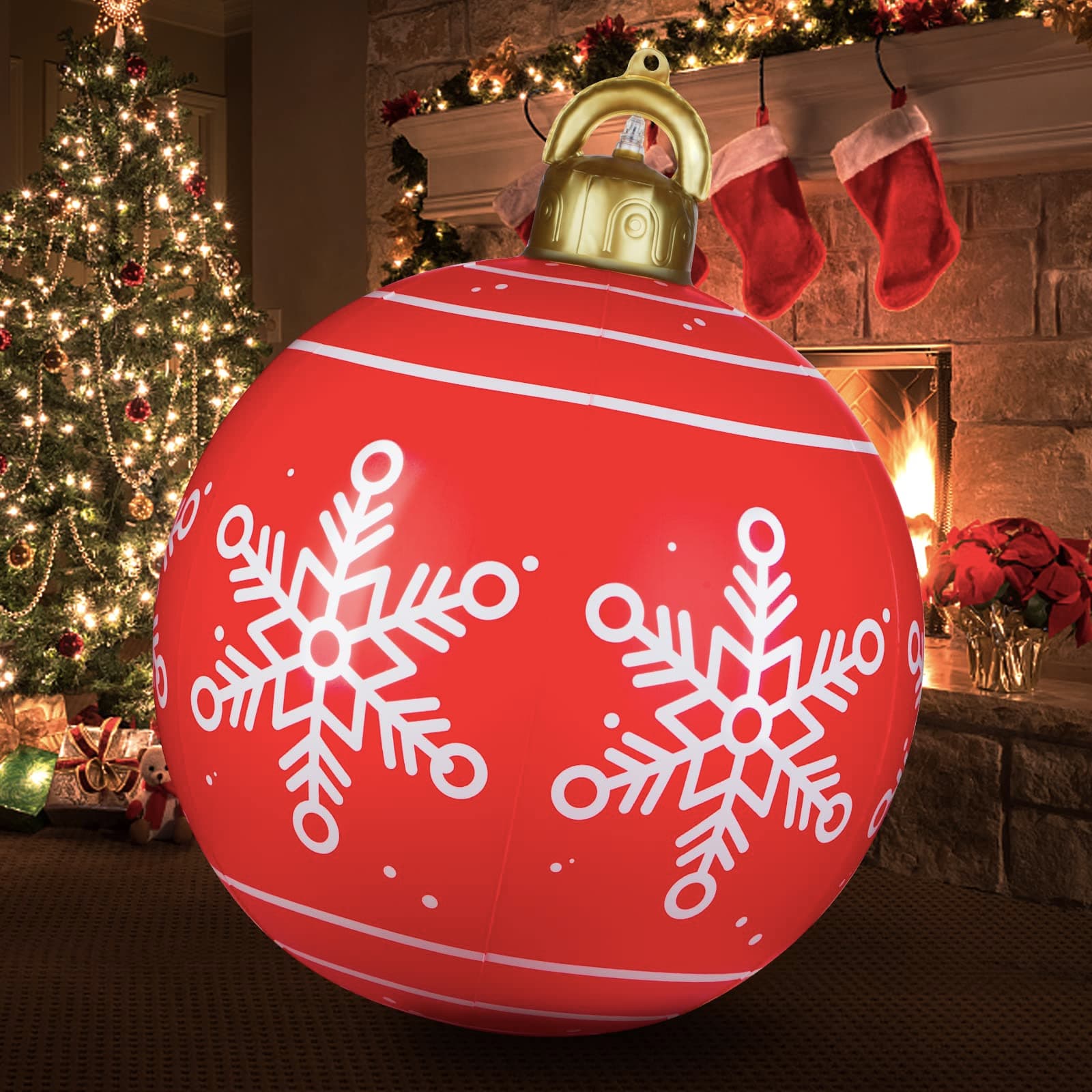Light Up PVC Inflatable Christmas Ball,24 Inch Large PVC Inflatable Outdoor Christmas Decorated Ball with Light,Remote,Stand Firmly on The Yard, Holiday Yard Lawn Porch Pool Tree Decor