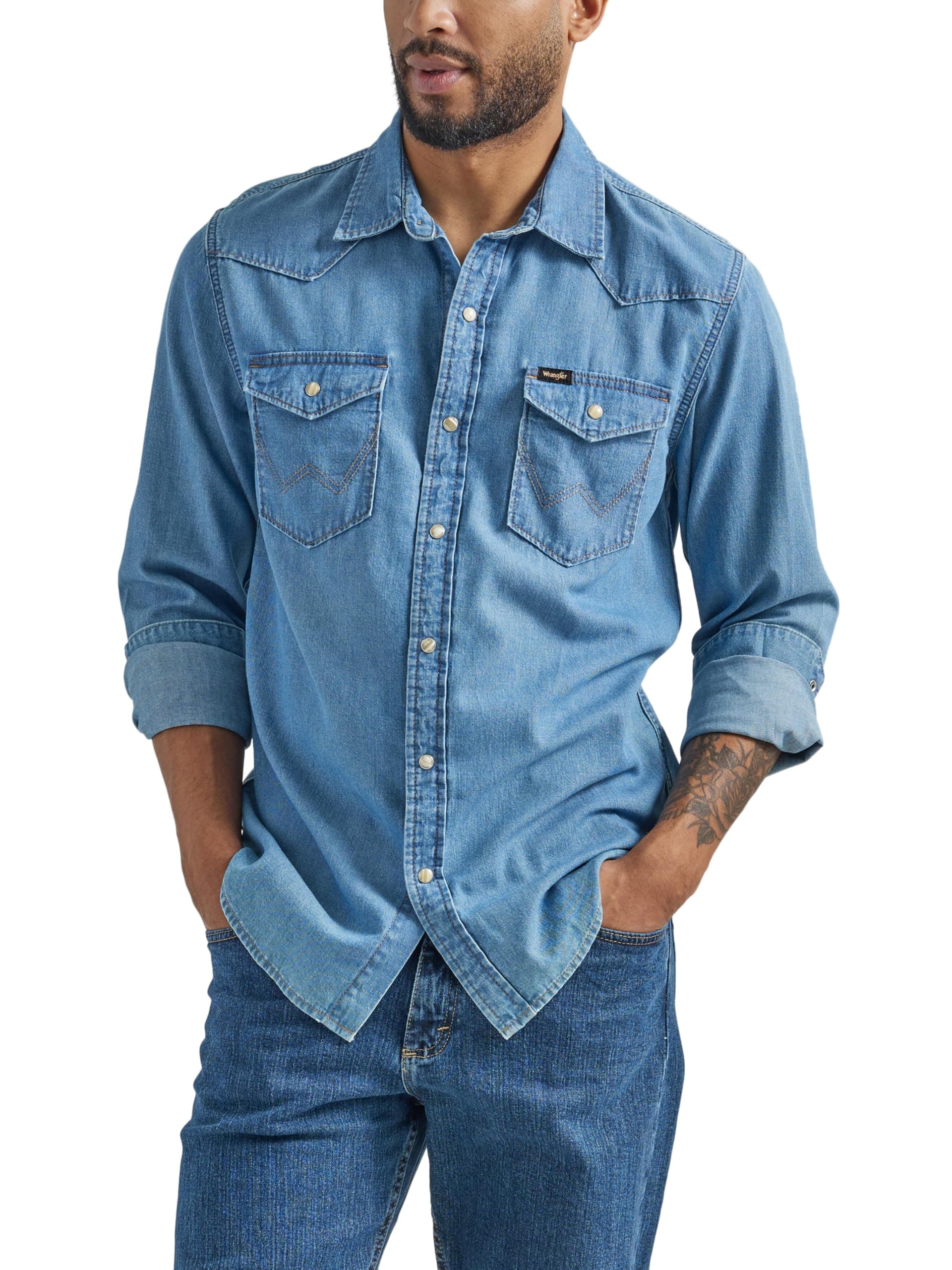 Wrangler Men's Denim Light Wash Long Sleeve Snap Shirt