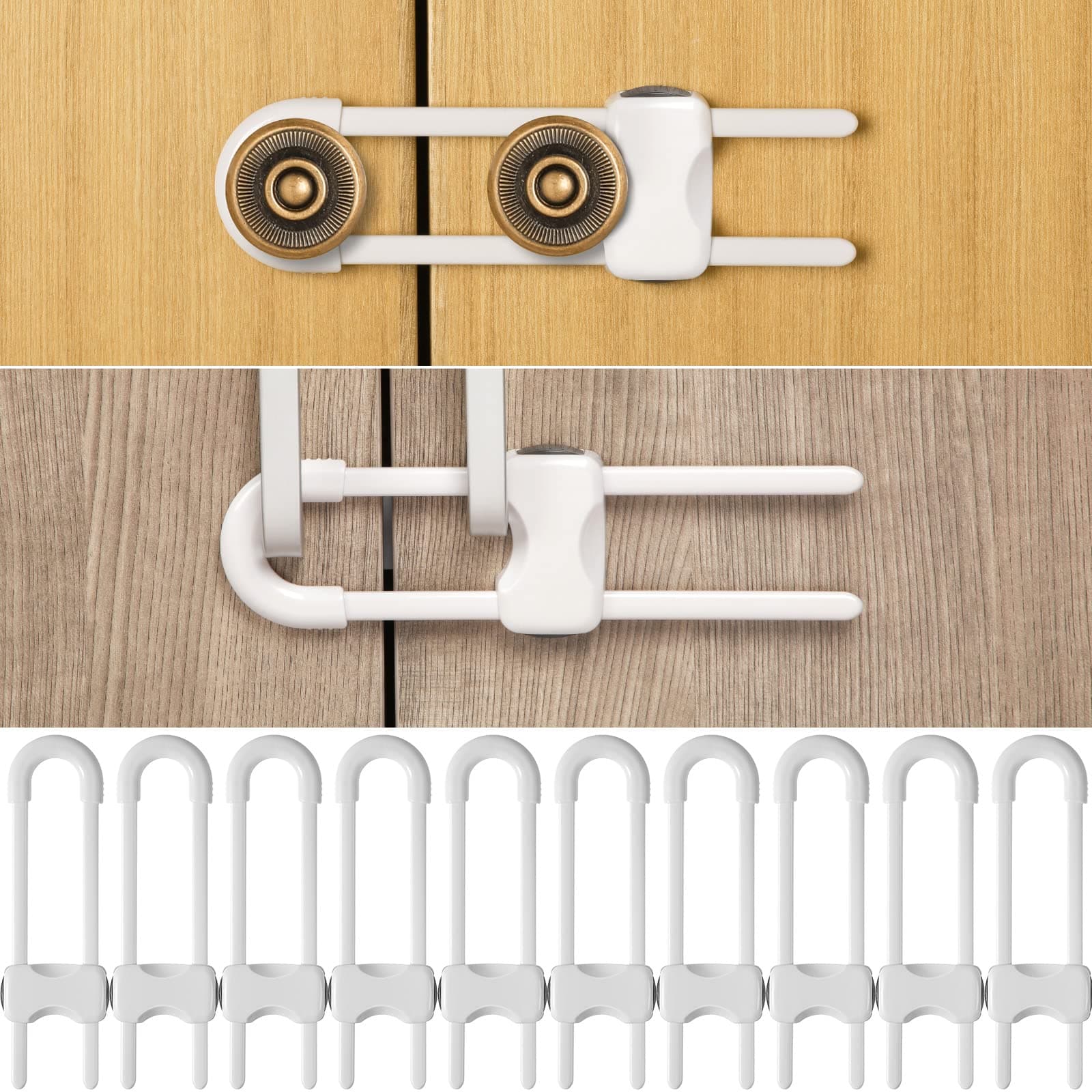 Jetec 10 Pieces Cabinet Locks for Babies, U-Shaped Proofing Drawers Safety Child Locks Adjustable, Easy to Use Childproof Latch for Knob Handle on Kitchen Door Storage Cupboard Closet (White)