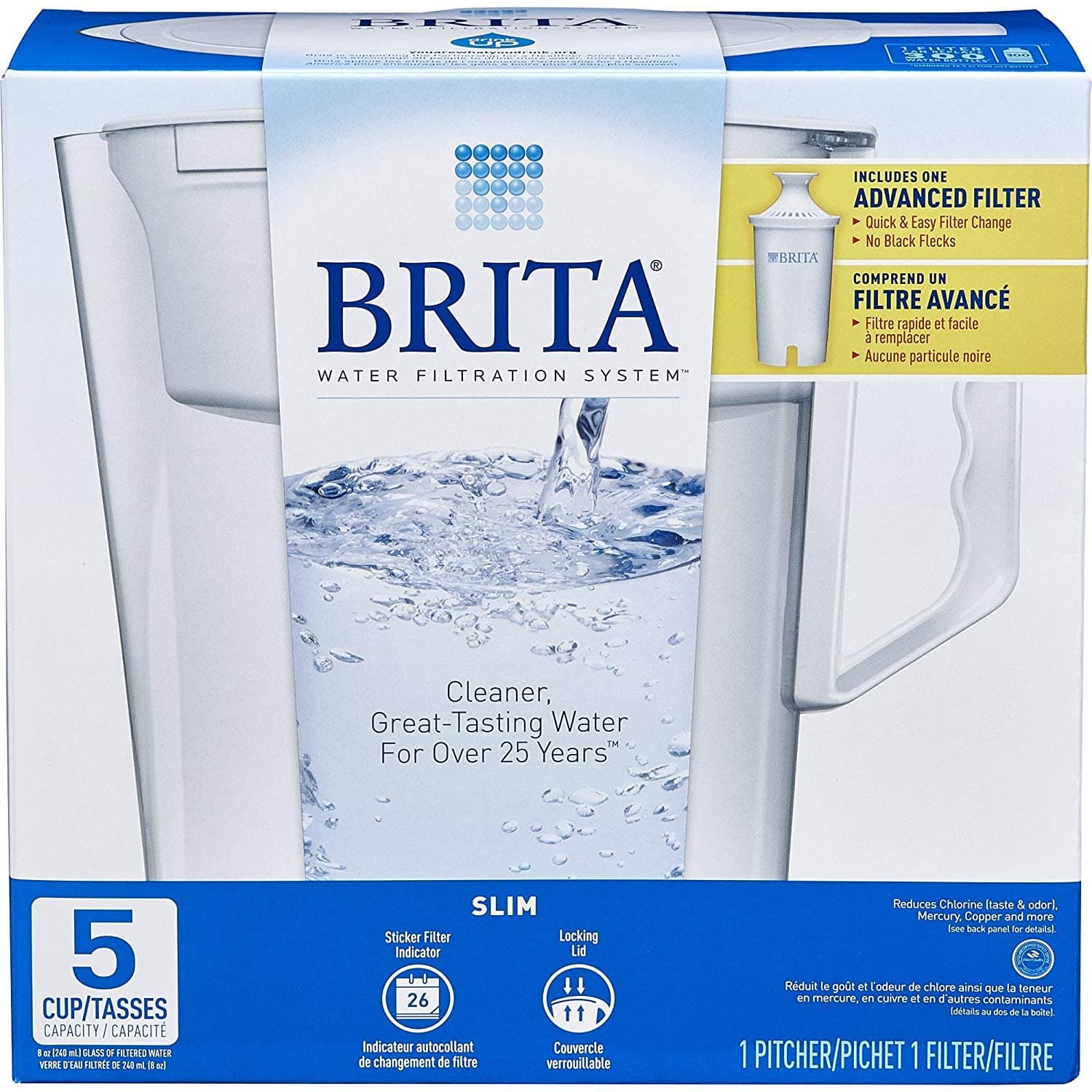 Water Pitcher, Slim, Capacity, Includes One Advanced Filter, White - 5 Cup Size