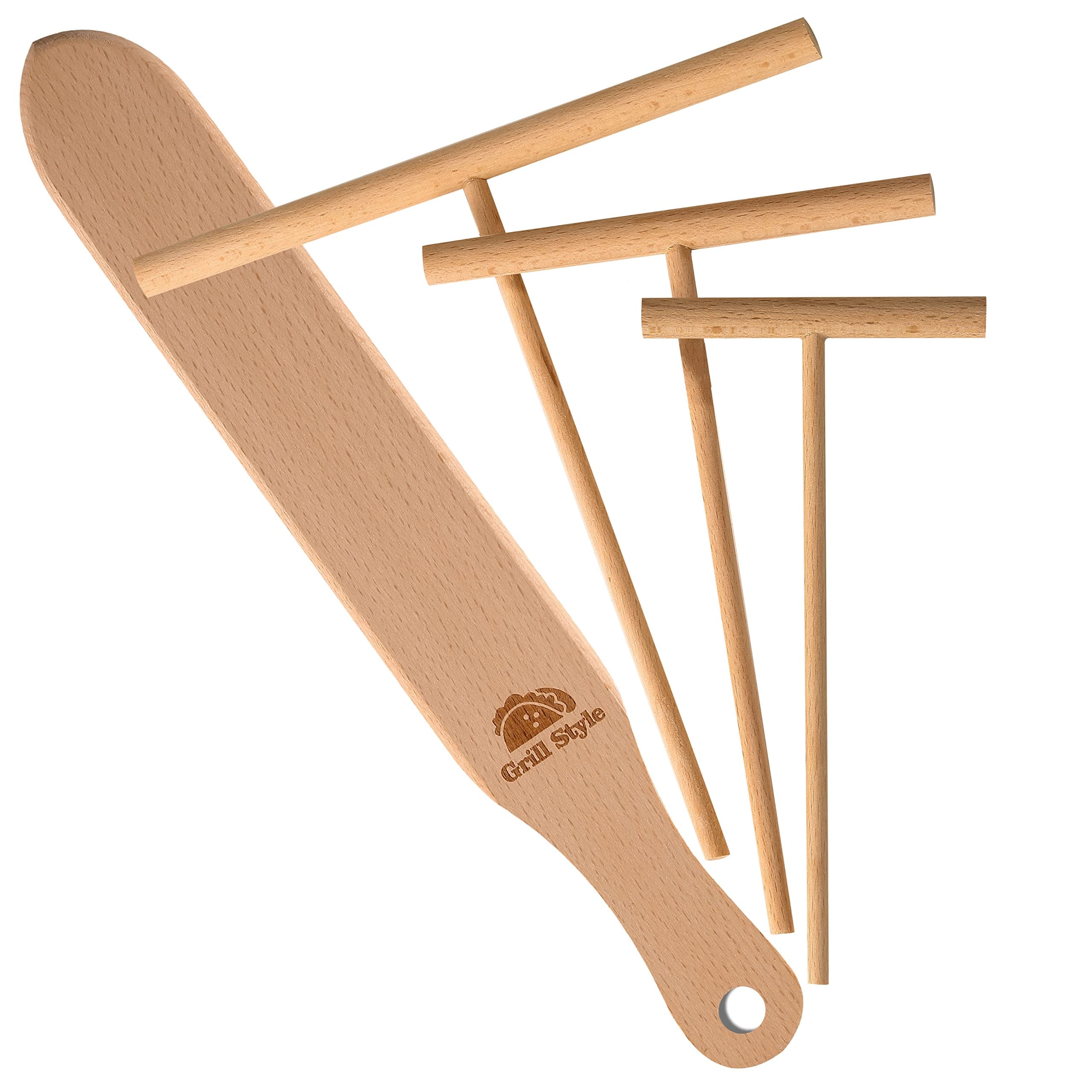 Crepe Spreader and Spatula Kit - 3.5, 5, 7 Inch T-Shaped Batter Spreaders & 13.4 Inch Spatula Turner - Natural Wood Pancake Tool for Any Crepe Pan Maker, Pack of 4