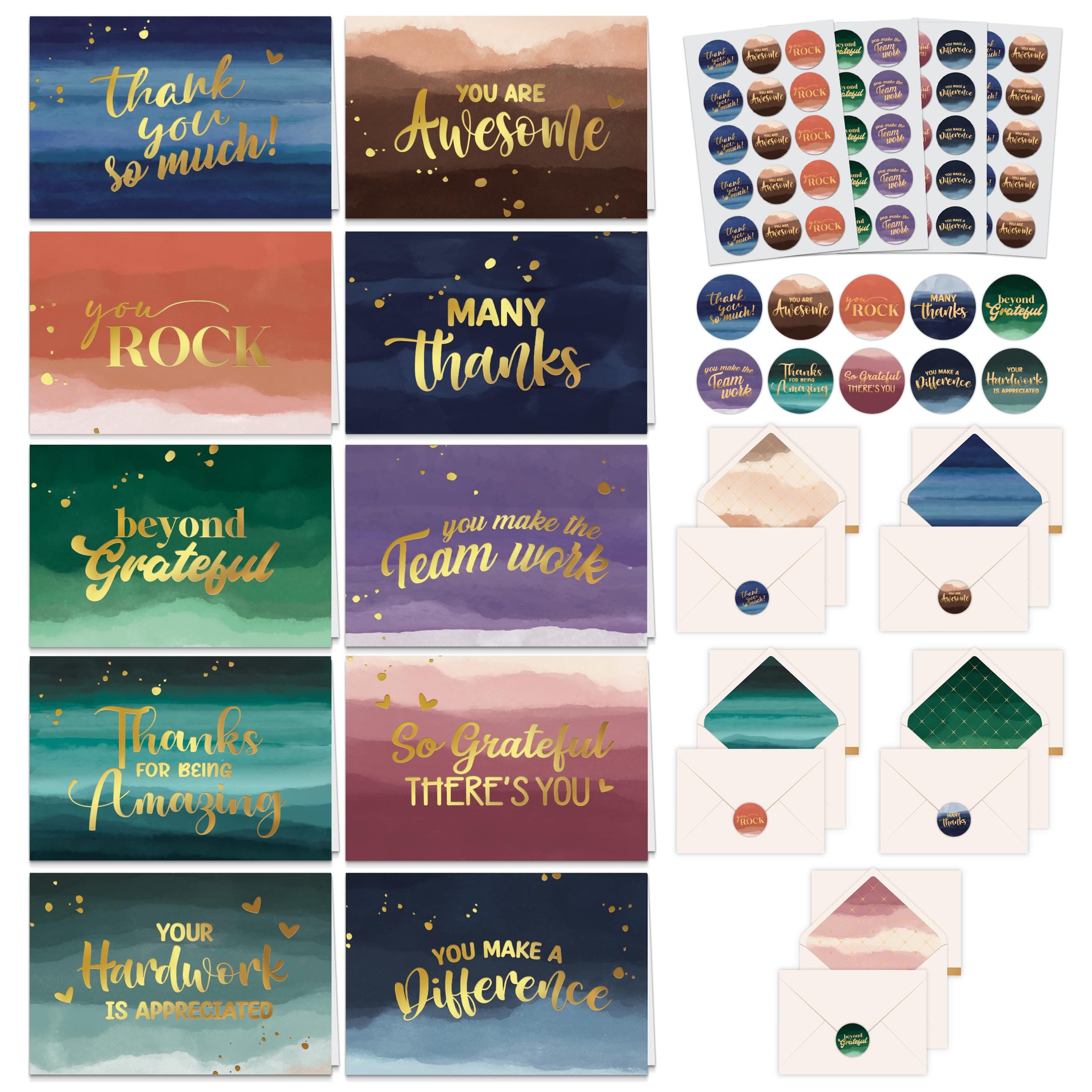 Decorably 50 Pack Gold-Foiled 6x4in Watercolor Appreciation Cards for Employees with Envelopes and Stickers, 10 Elegant Designs Employee Appreciation Cards, Blank Inside, Recognition, Work Anniversary