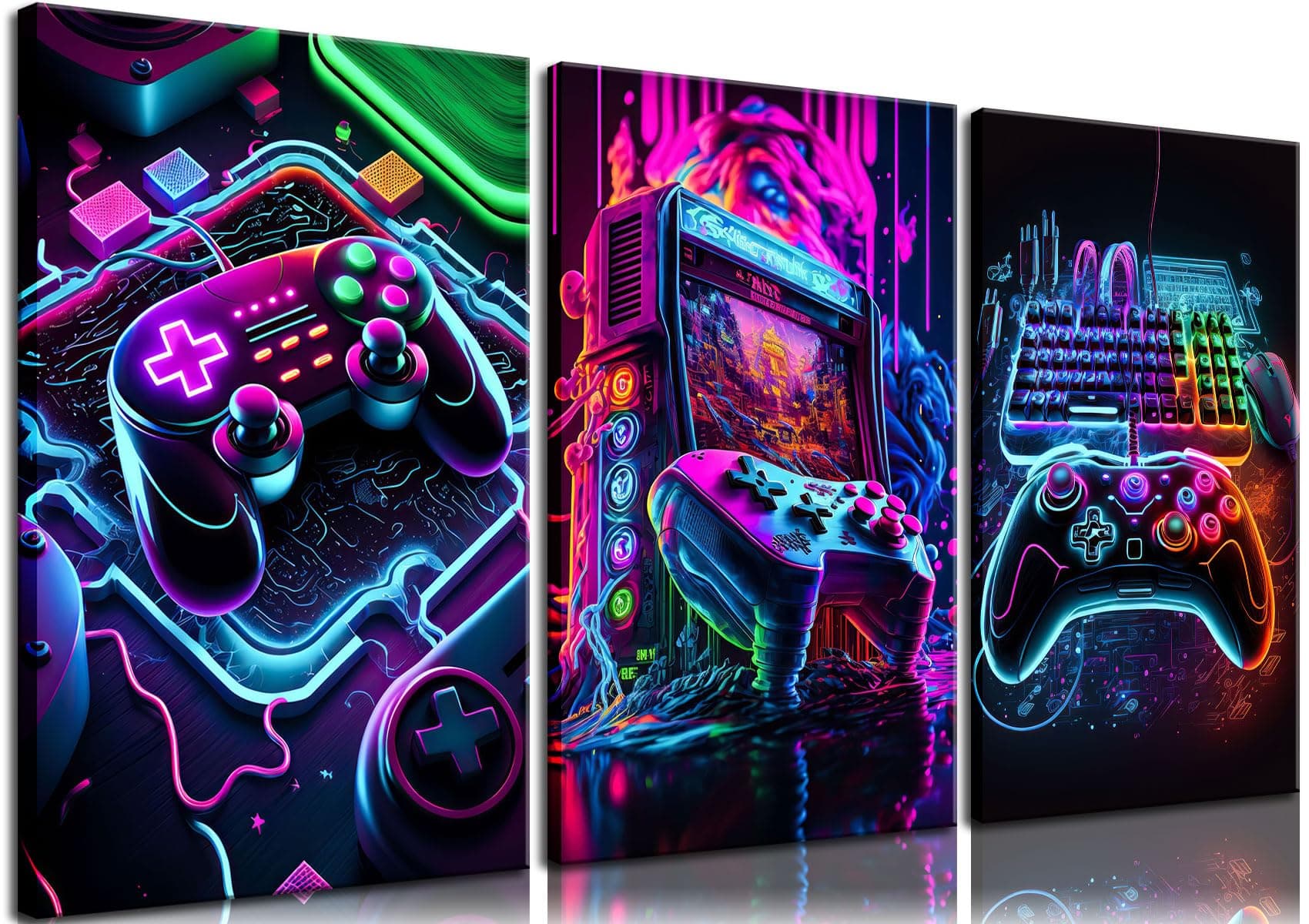 Game Room Decor Wall Art Set of 3 - Colorful Neon Video Gaming Theme Canvas Paintings Prints, Gamer Picture Posters for Boys Room Decor 12x16 inch