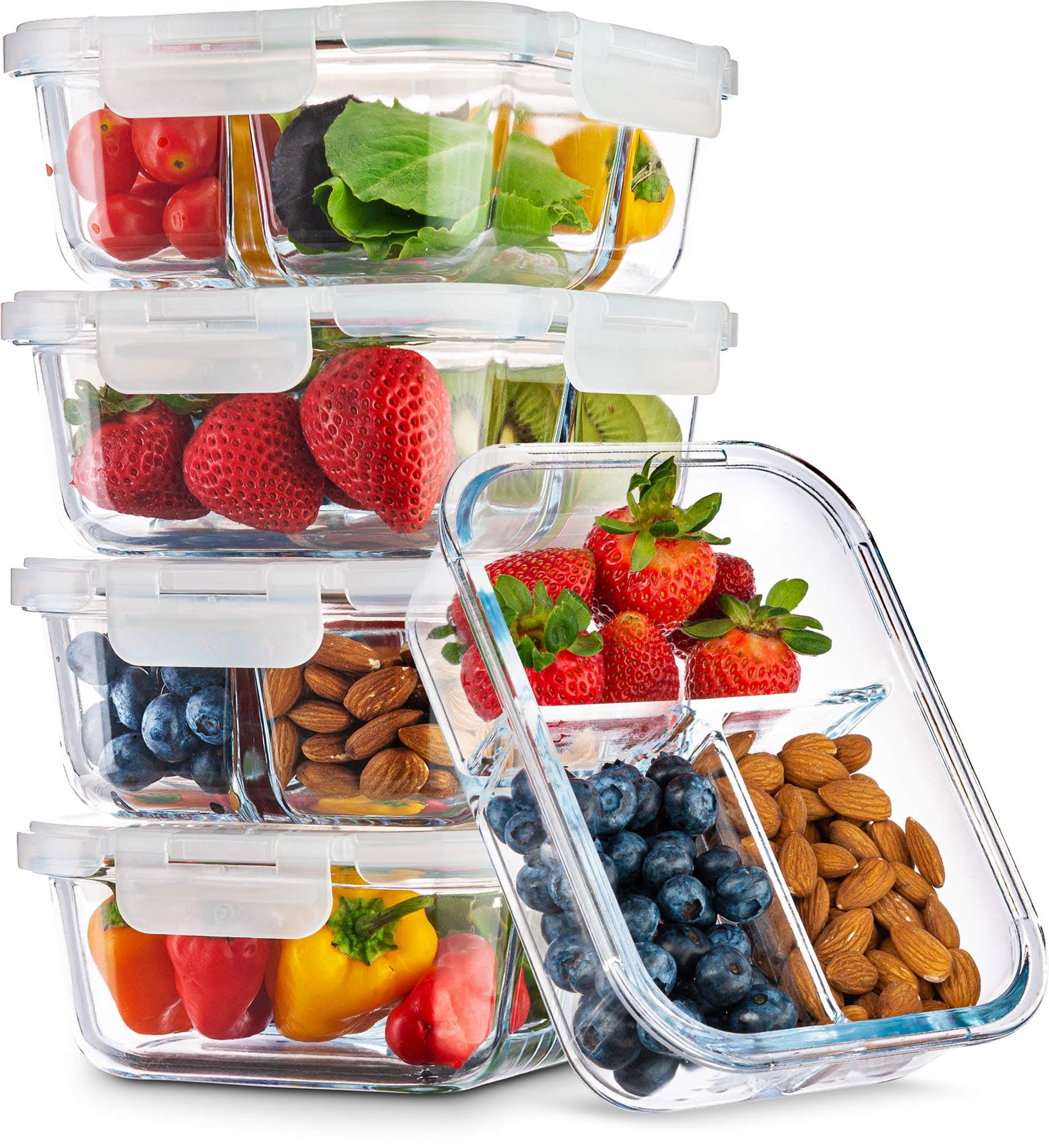 Ez Prepa 3-Compartment 35oz Glass Food Storage Containers (5 Pack) | Meal Prep Portion Control Bento Lunch Box with Air-Tight Clip Lock Lid | Reusable Divided Bento Box (5 Pack)