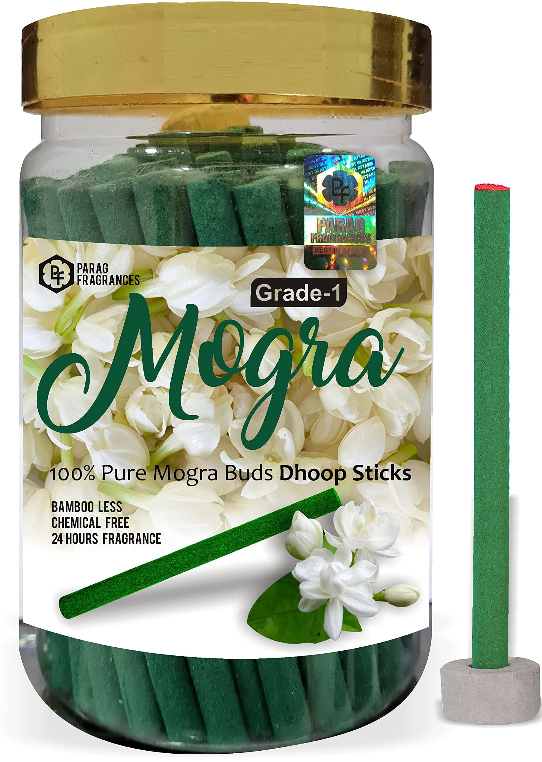 Mogra Dhoop Sticks/Dhoop Batti Grade-1 Jar (Pack of 1 x 200Gm) Long Lasting Perfume for 24 Hours Home Fragrance/Meditation/Dhoop for Pooja/Free Dhoop Holder Inside
