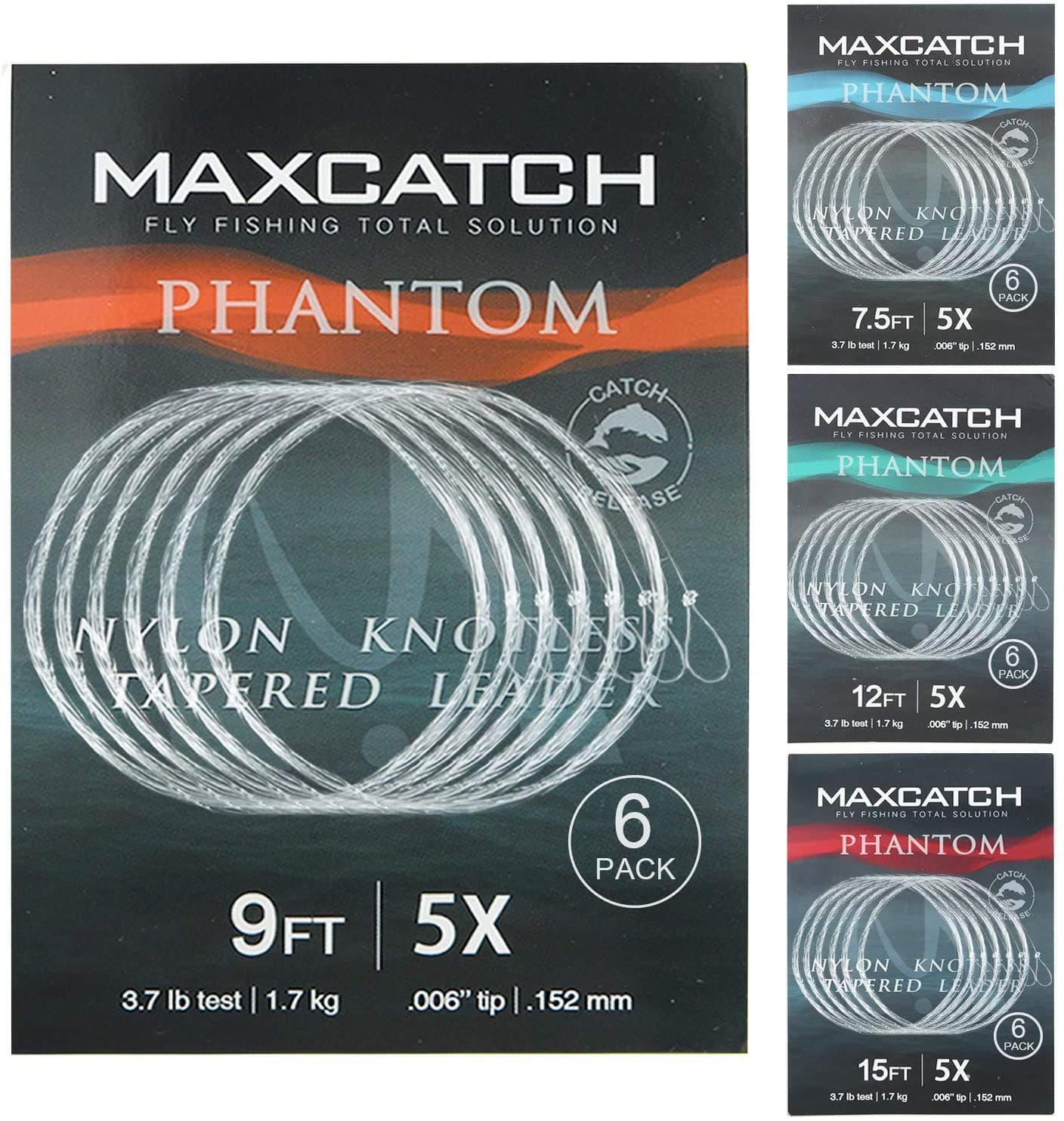 MAXIMUMCATCH Maxcatch Fly Fishing Tapered Leader Line 6 Pack -Pre-Tied Loop- Tensile Strength- Abrasion Resistance- Low Memory 7.5ft/9ft/12ft/15ft, 0X-7X