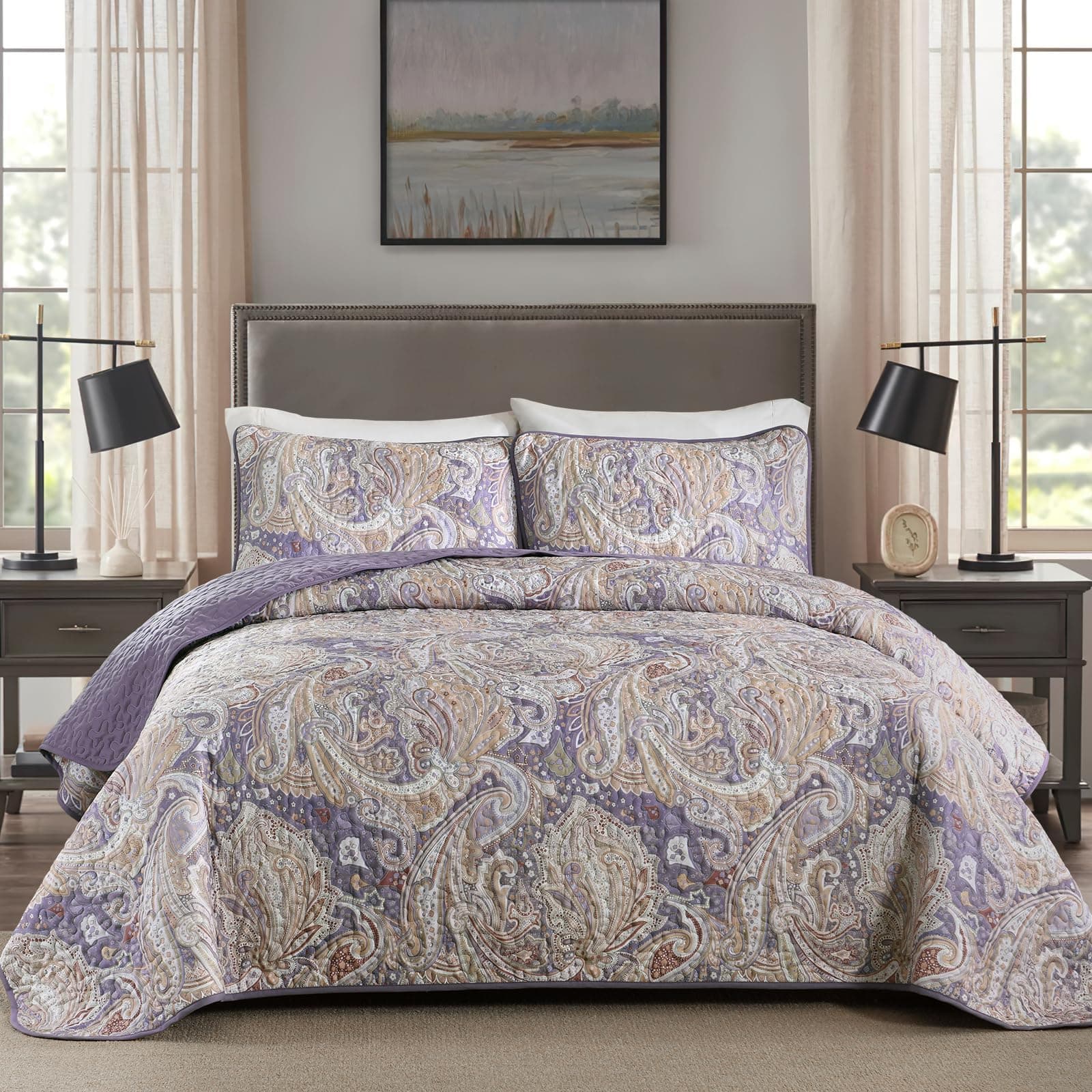 DJY Purple Paisley Quilt Set King Size Boho Paisley Bedspread Coverlet Set 3 Pieces, Soft Lightweight Microfiber Paisley Floral Pattern Bedding Set for All Season, 104"x90"