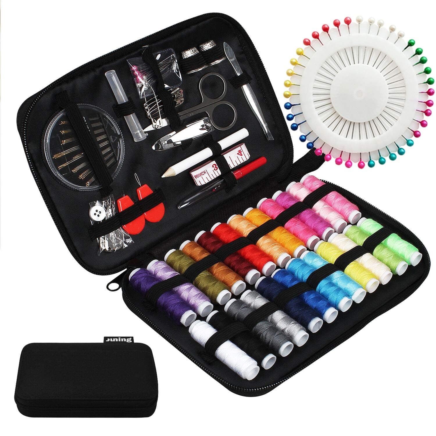 Juning Sewing Kit with Case, 130 pcs Sewing Supplies for Home Travel and Emergency, Kids Machine, Contains 24 Spools of Thread of 100m, Mending and Sewing Needles, Scissors, Thimble, Tape Measure etc