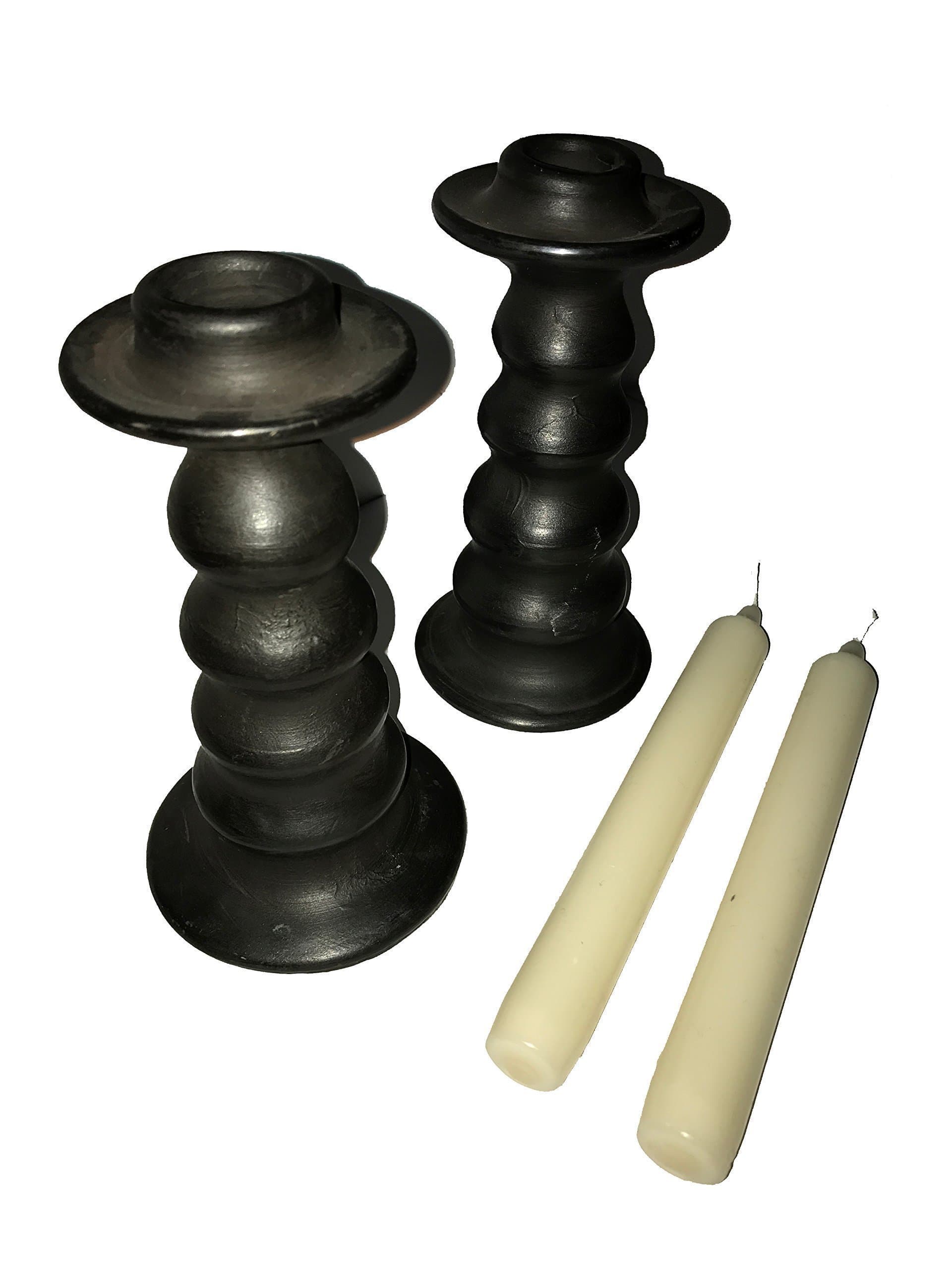 CB TRADING Candle Stick Holder Black Clay Handmade – set of 2 pcs - free gift: 2 candles