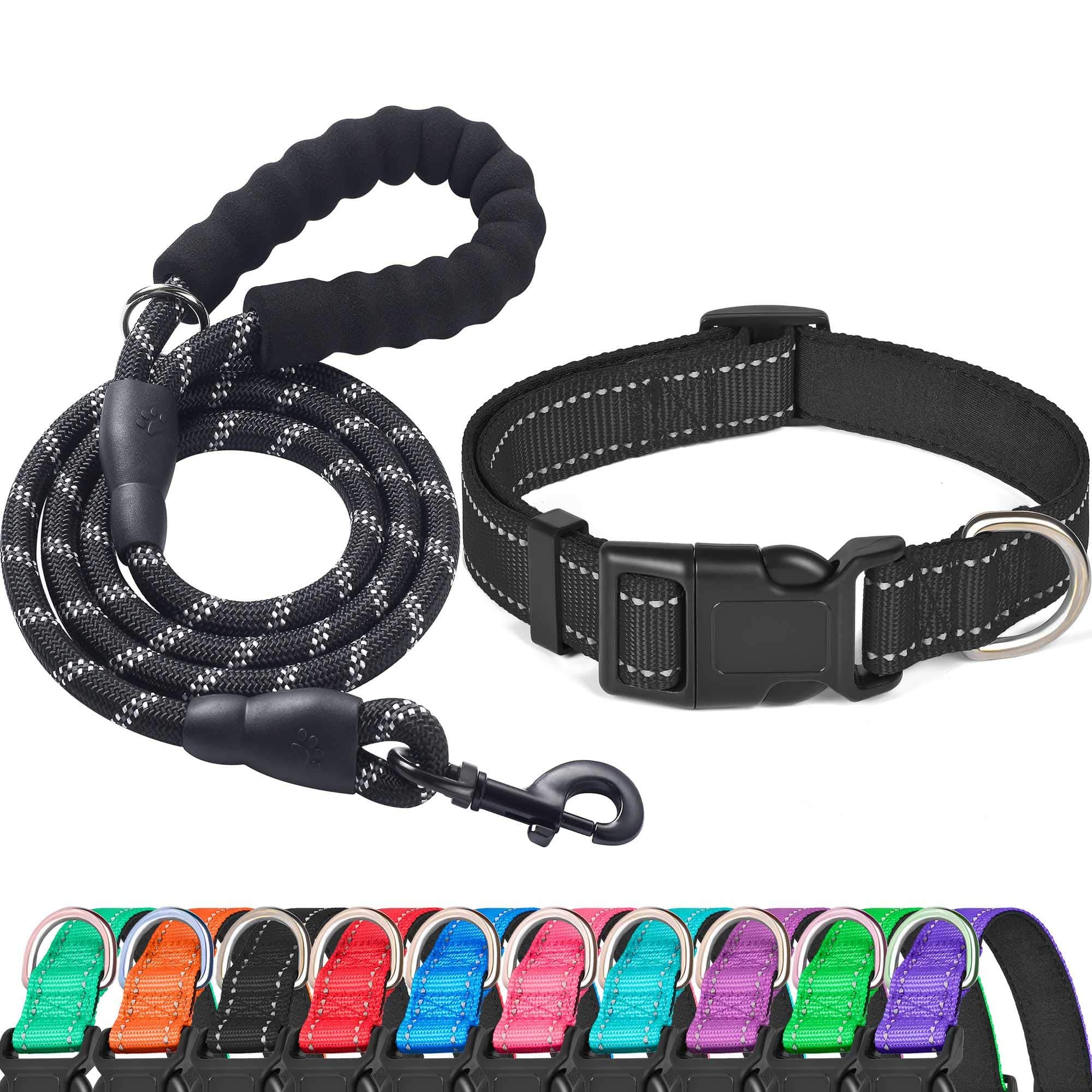 Reflective Dog Collar Padded with Soft Neoprene Breathable Adjustable Nylon Dog Collars for Small Medium Large Dogs (Large (Pack of 1), Black Collar+Leash)