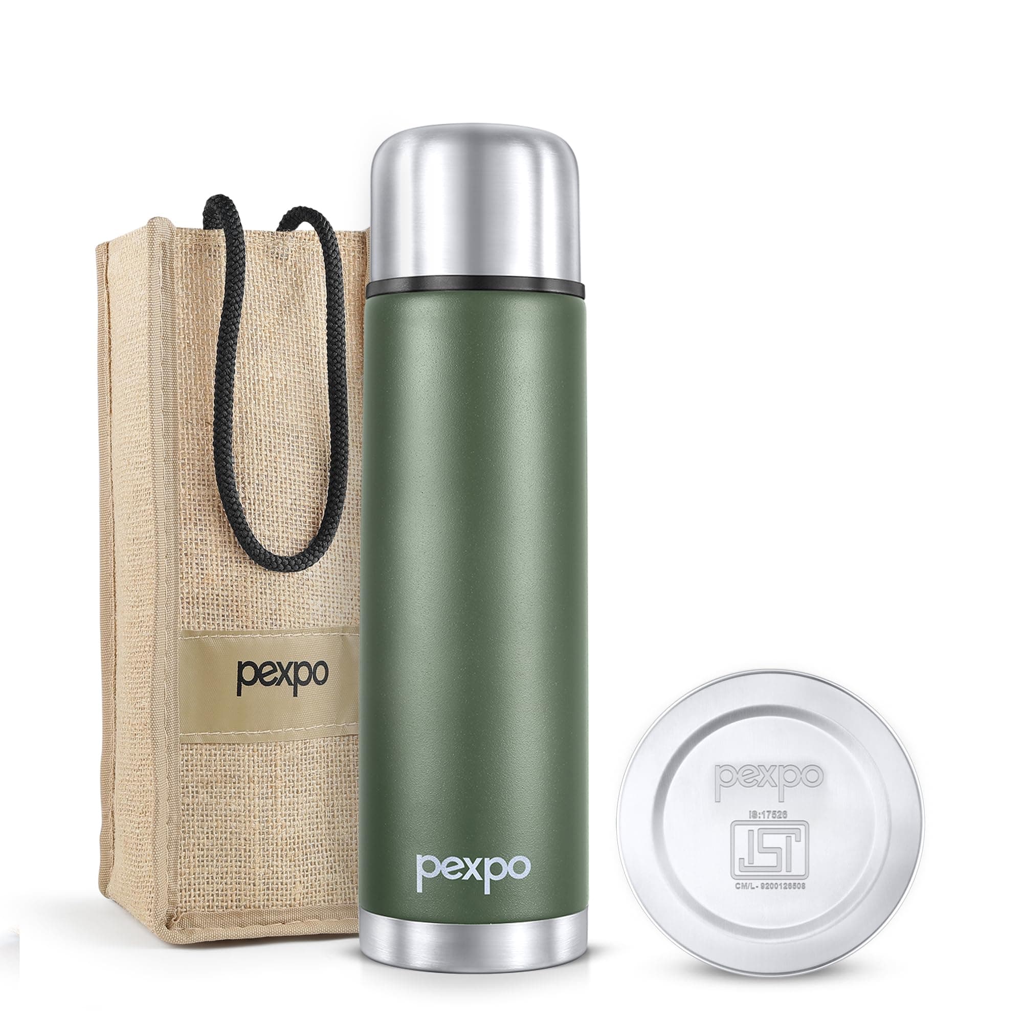 - PEXPO Stainless Steel Water Bottle 1 LTR, ISI Certified, Hot & Cold Flask with Jute Bag | Leak Proof| 2 Year Warranty | for School, Office, Travel & Picnic | Flamingo | Military Green