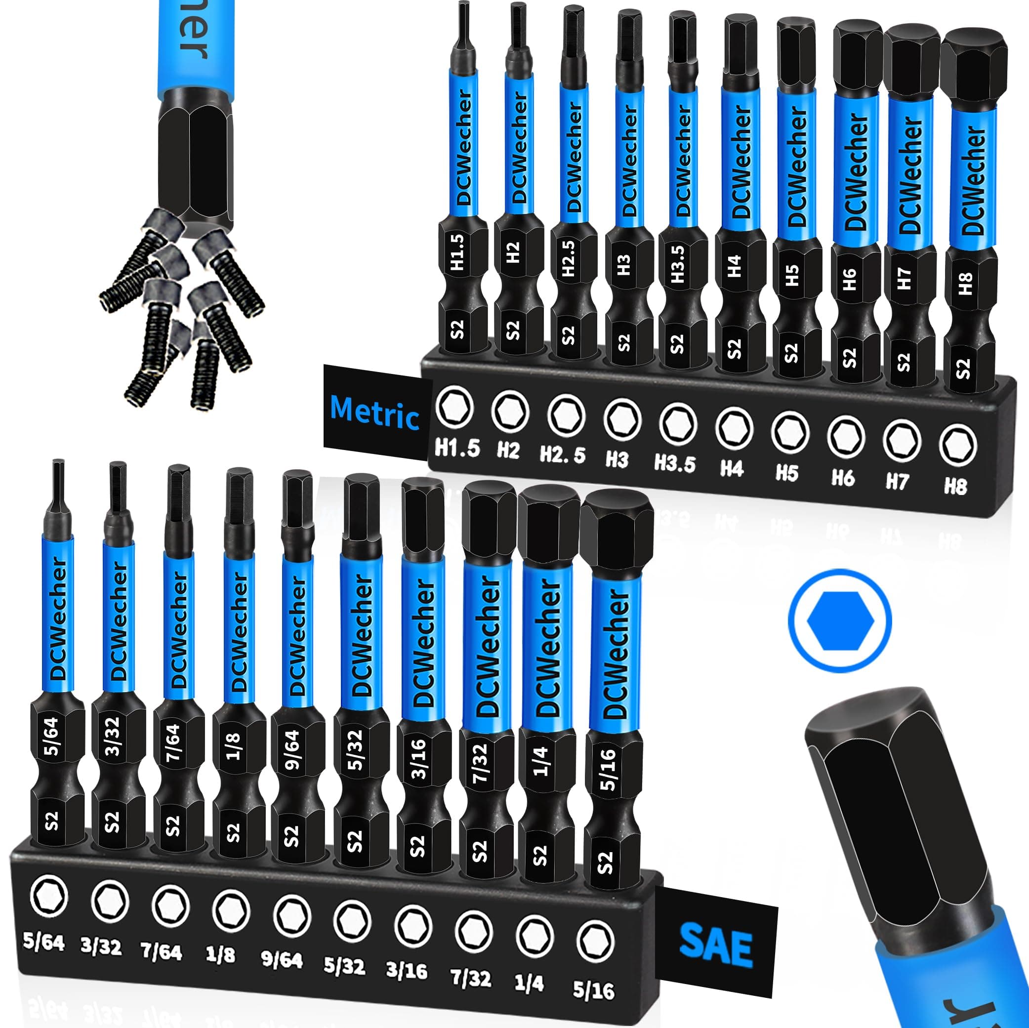 20-PCS Allen Key/Allen Wrench Drill Bit Set, Impact Hex Bits (Metric & SAE) 2 Inch Long, Premium S2 Steel, 1/4'' Hex - Shank, Magnetic Head, for DIY Furniture Assembly & Car Repairs, by DCWecher