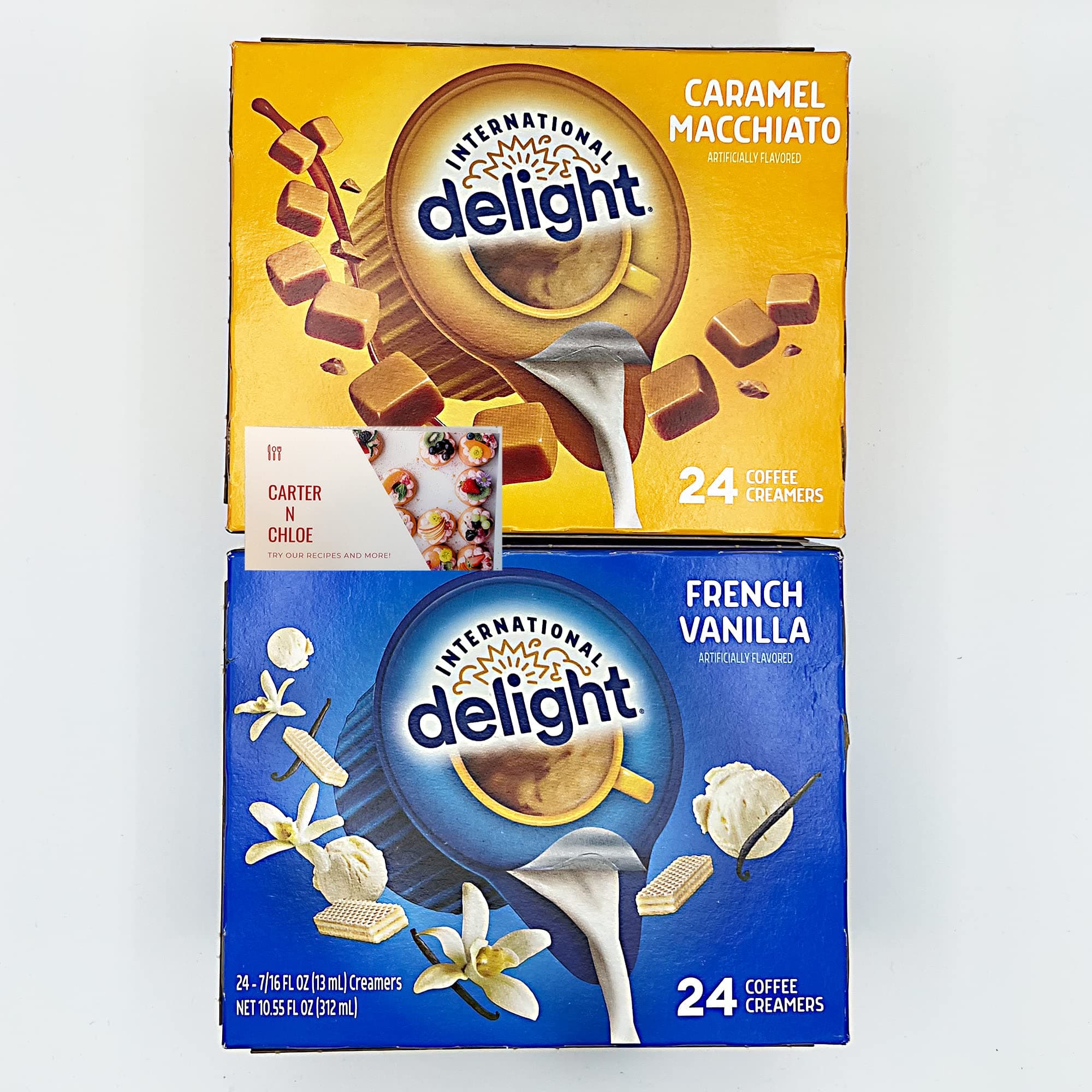 Caramel Macchiato Coffee Creamer Singles, 24 Count and Delight French Vanilla Coffee Creamer Singles, 24 Count with Carter N Chloe Recipe Card