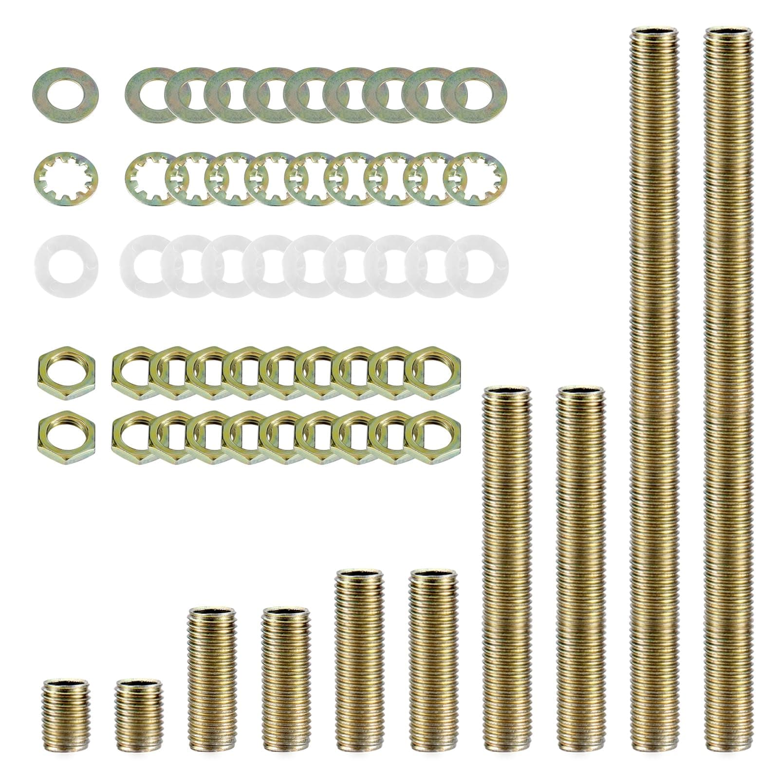 Antique Brass Lamp Repair Hardware Kit - 5 Sizes, 60 Pieces, Includes Pipe Nipples, Lock Nuts, Washers, Perfect for Lamp Assembly & DIY